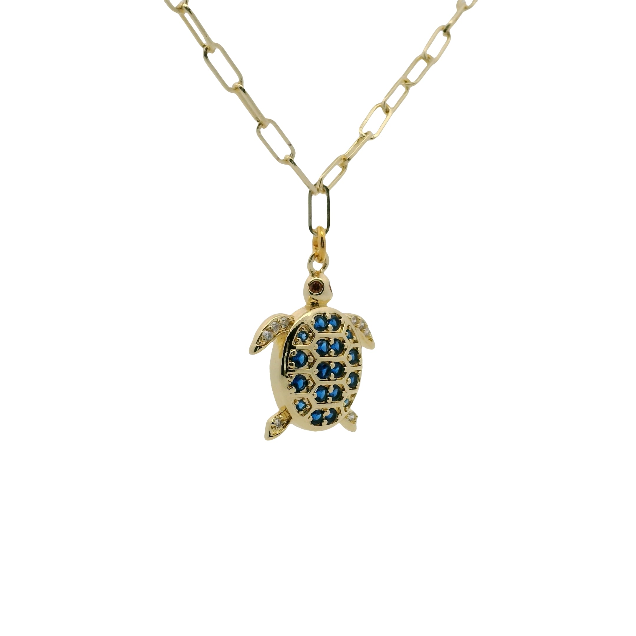 Collier doré tortue en zircons bleus et blancs 50 cm