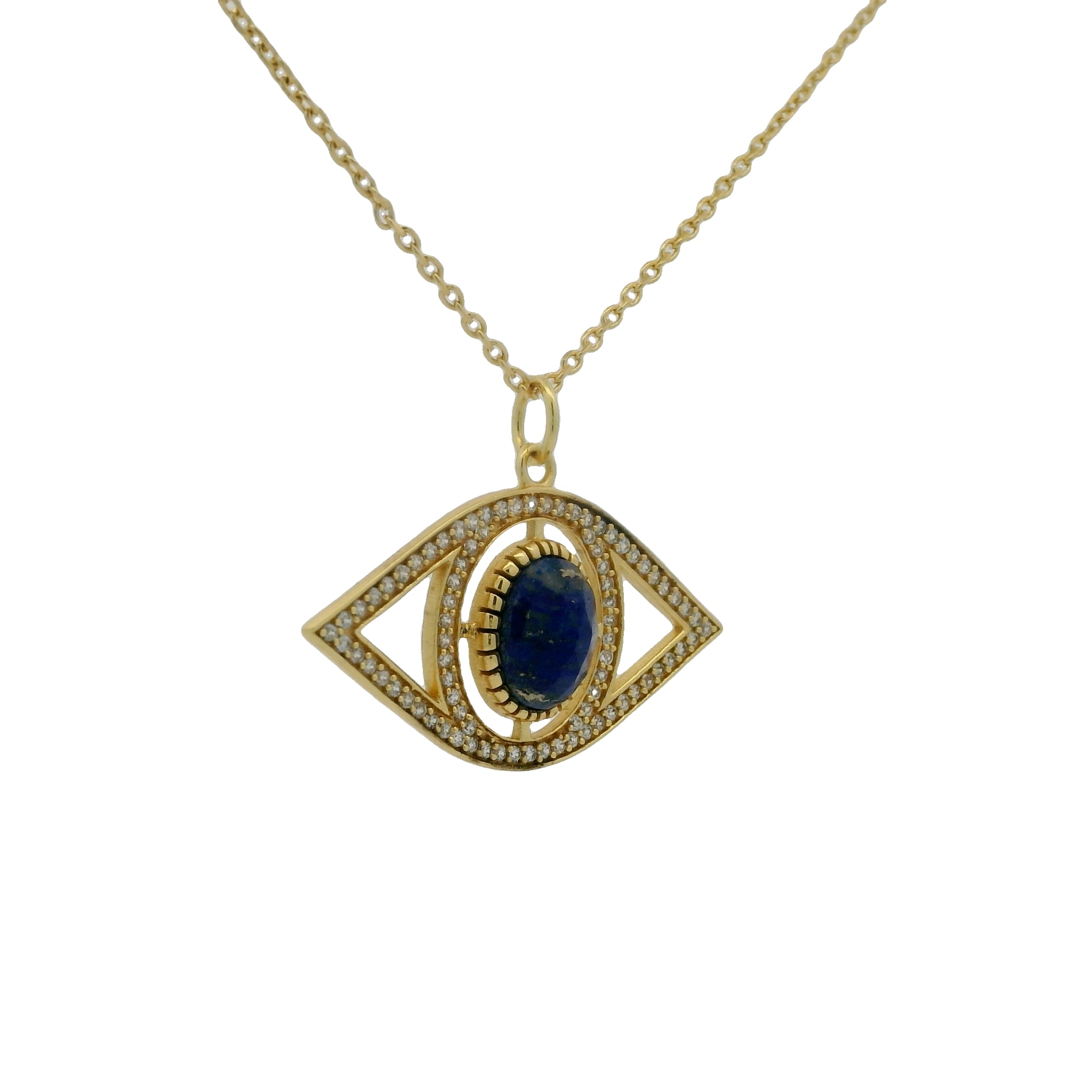 Collier doré oeil XXL avec lapis lazulis et zircons blancs 42 cm