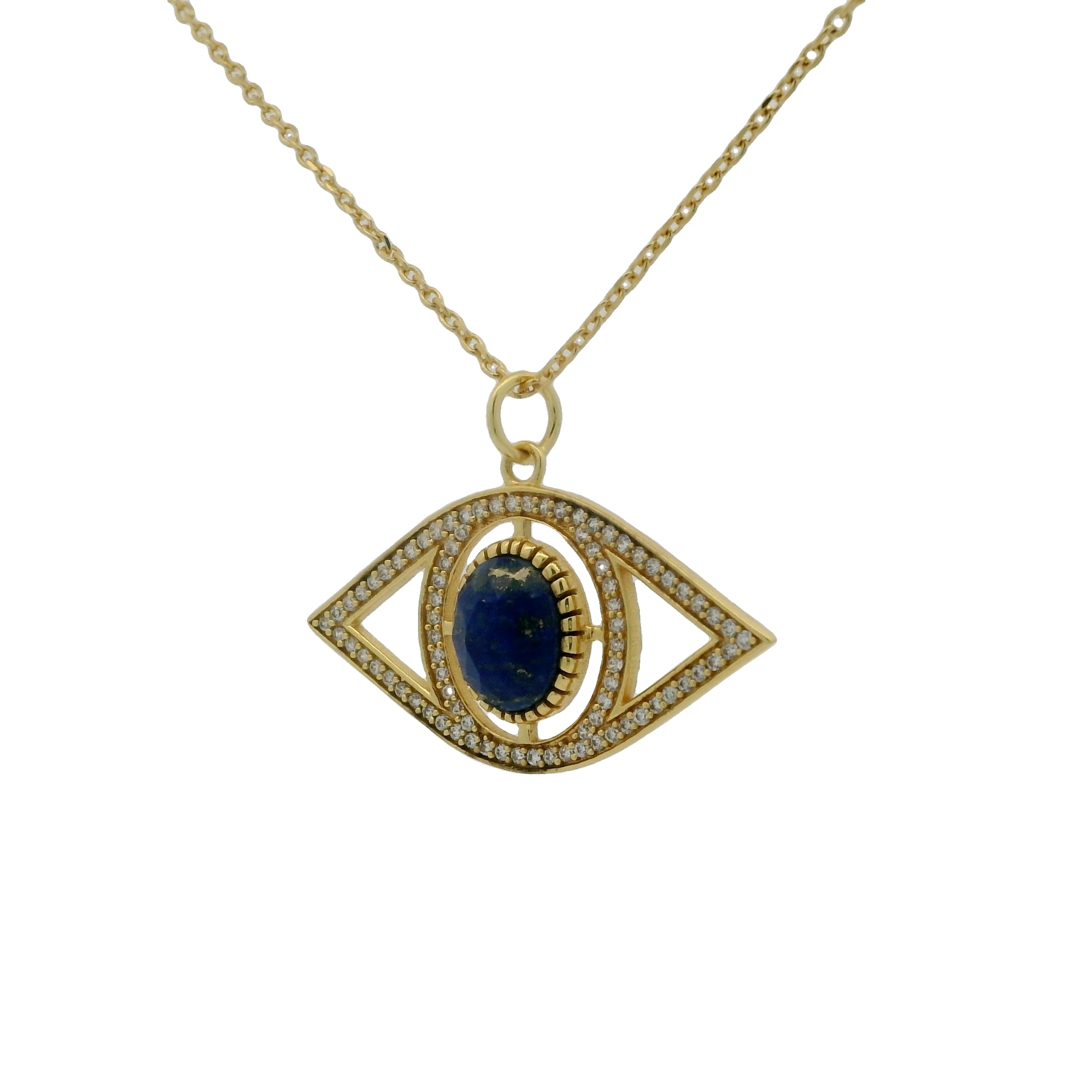 Collier doré oeil XXL avec lapis lazulis et zircons blancs 42 cm