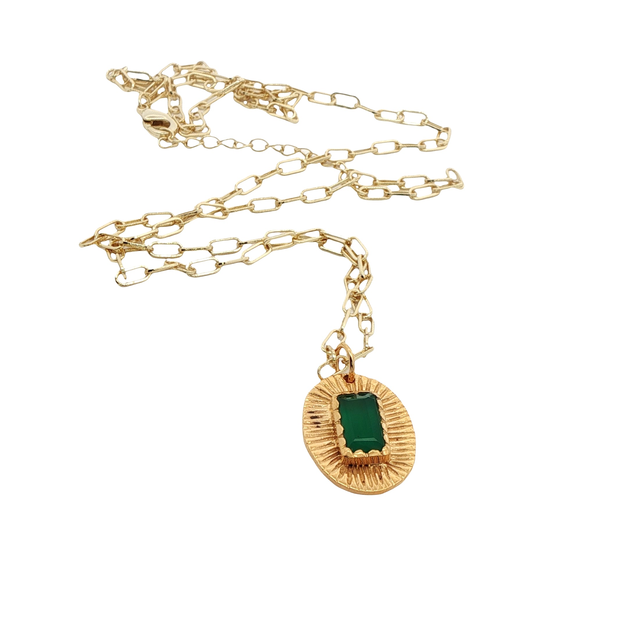 Collier doré pendentif oval texturé et onyx verte 60 cm