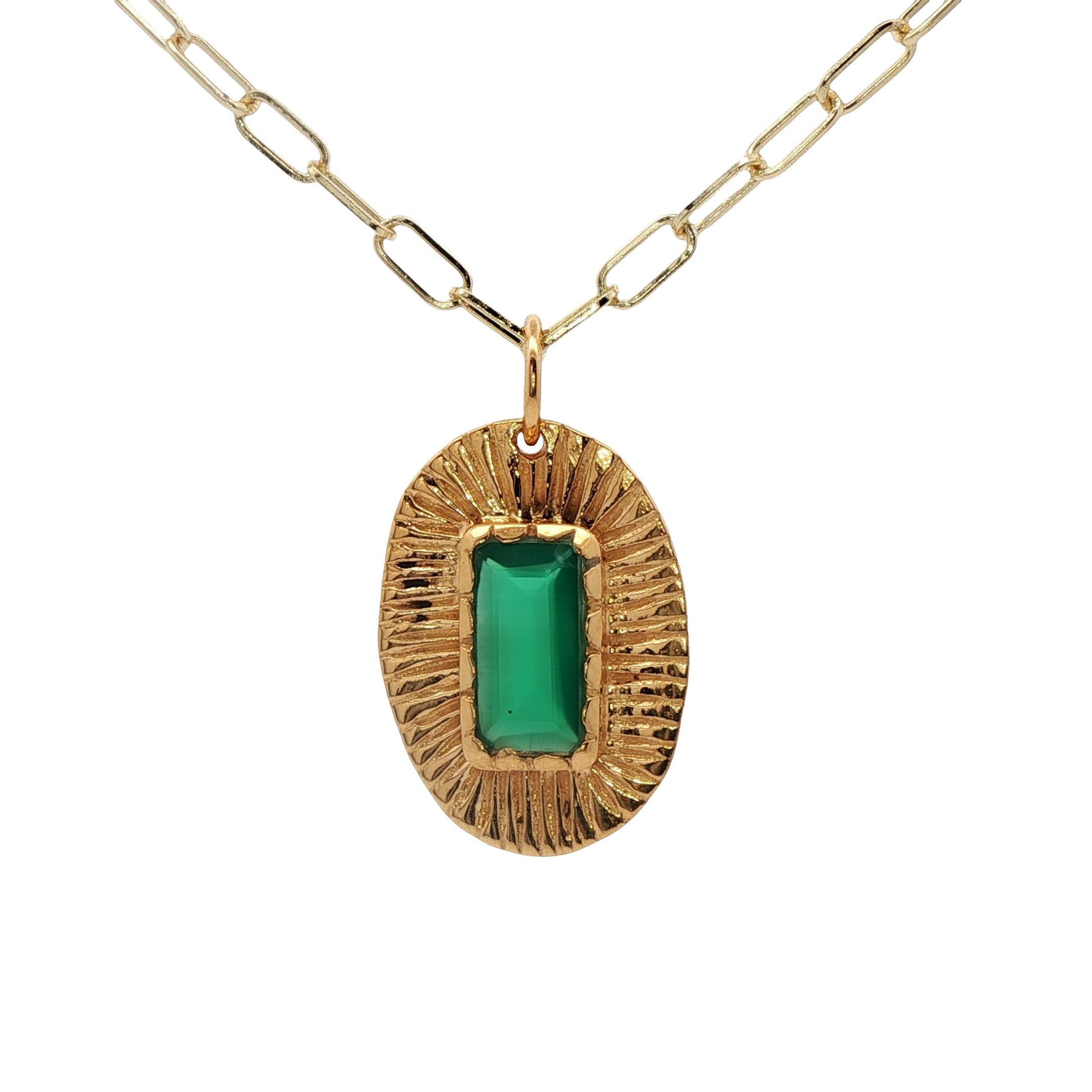 Collier doré pendentif oval texturé et onyx verte 60 cm