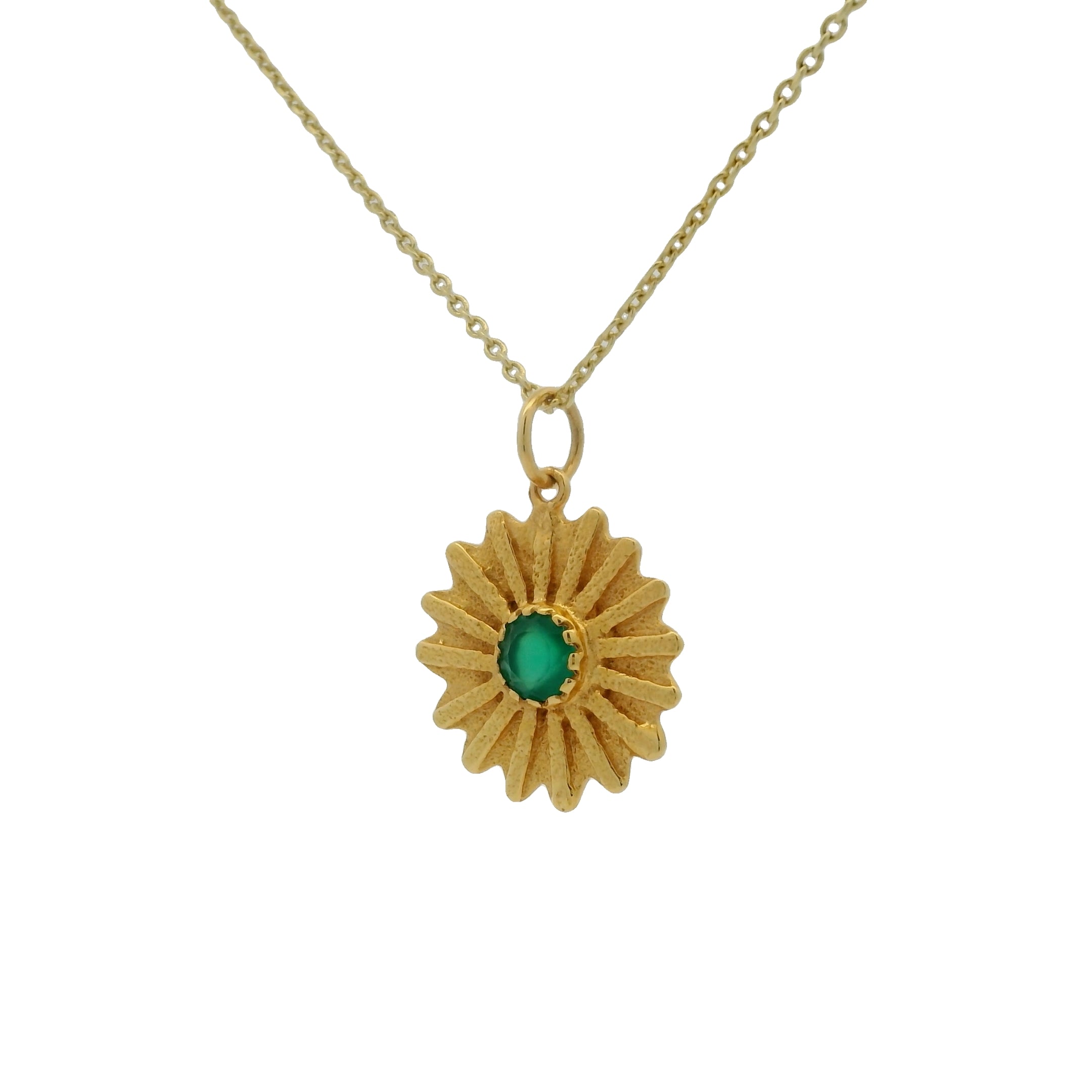Collier doré médaille marguerite et onyx verte 42 cm