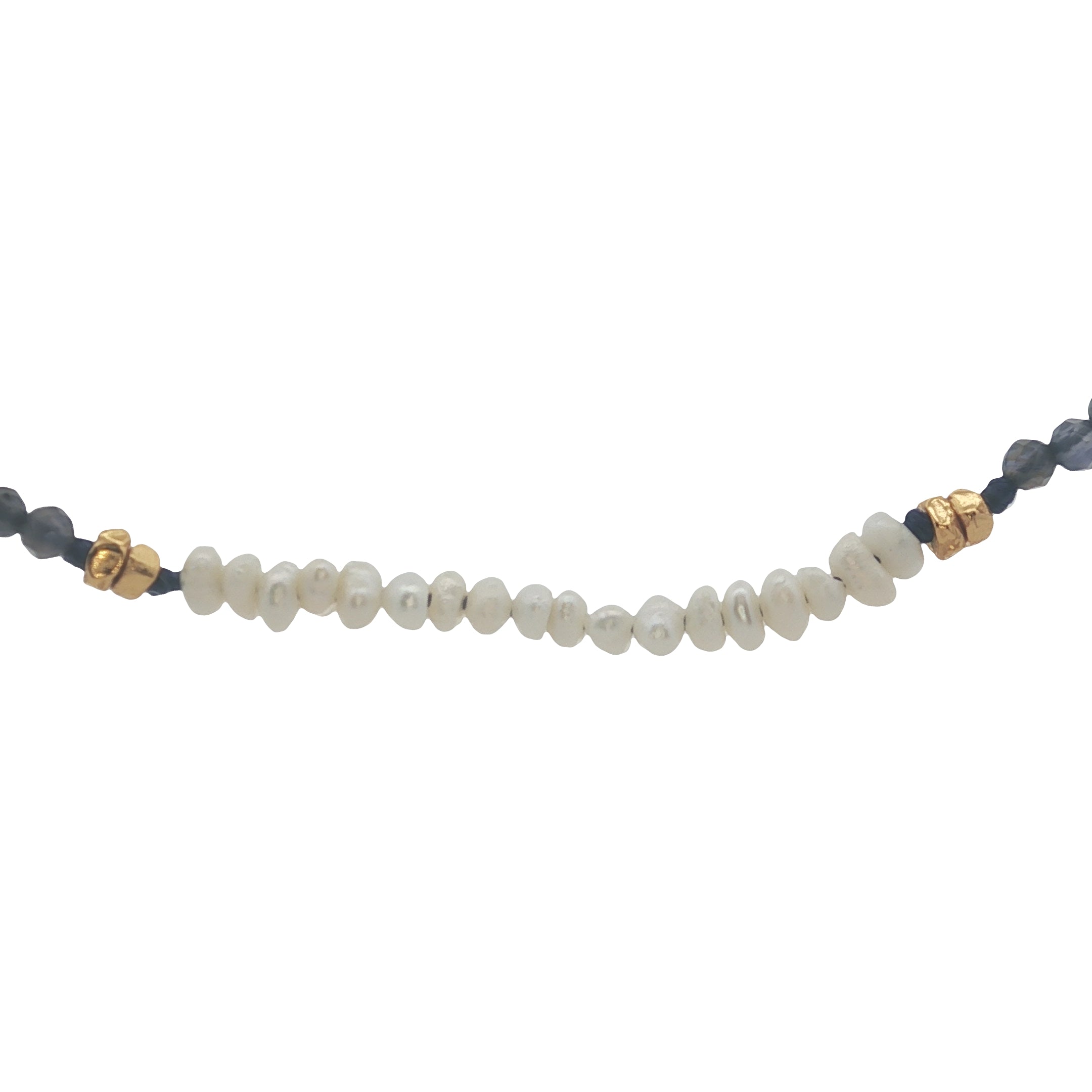 Collier doré en iolite, perles de culture et perles dorées 38 cm