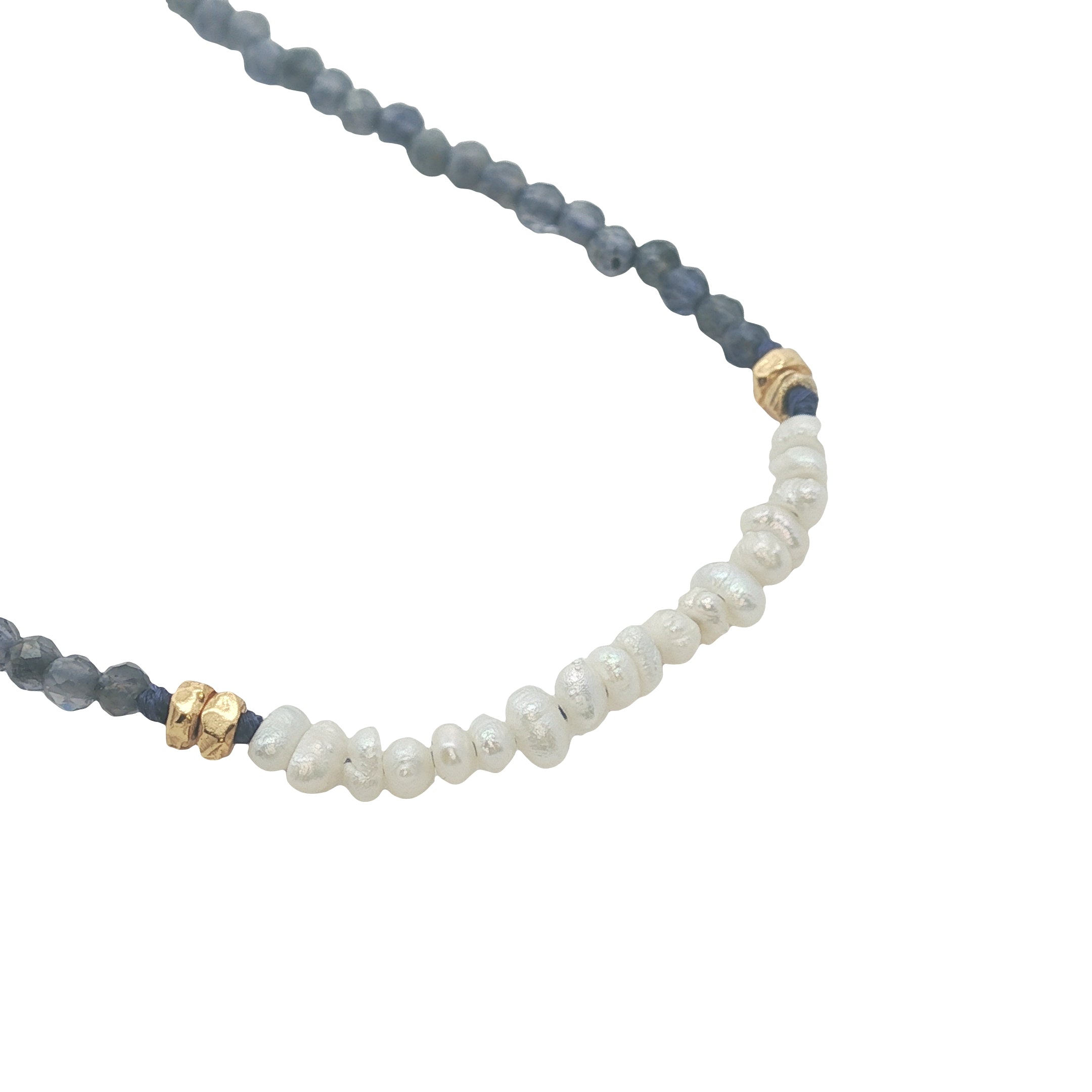 Collier doré en iolite, perles de culture et perles dorées 38 cm