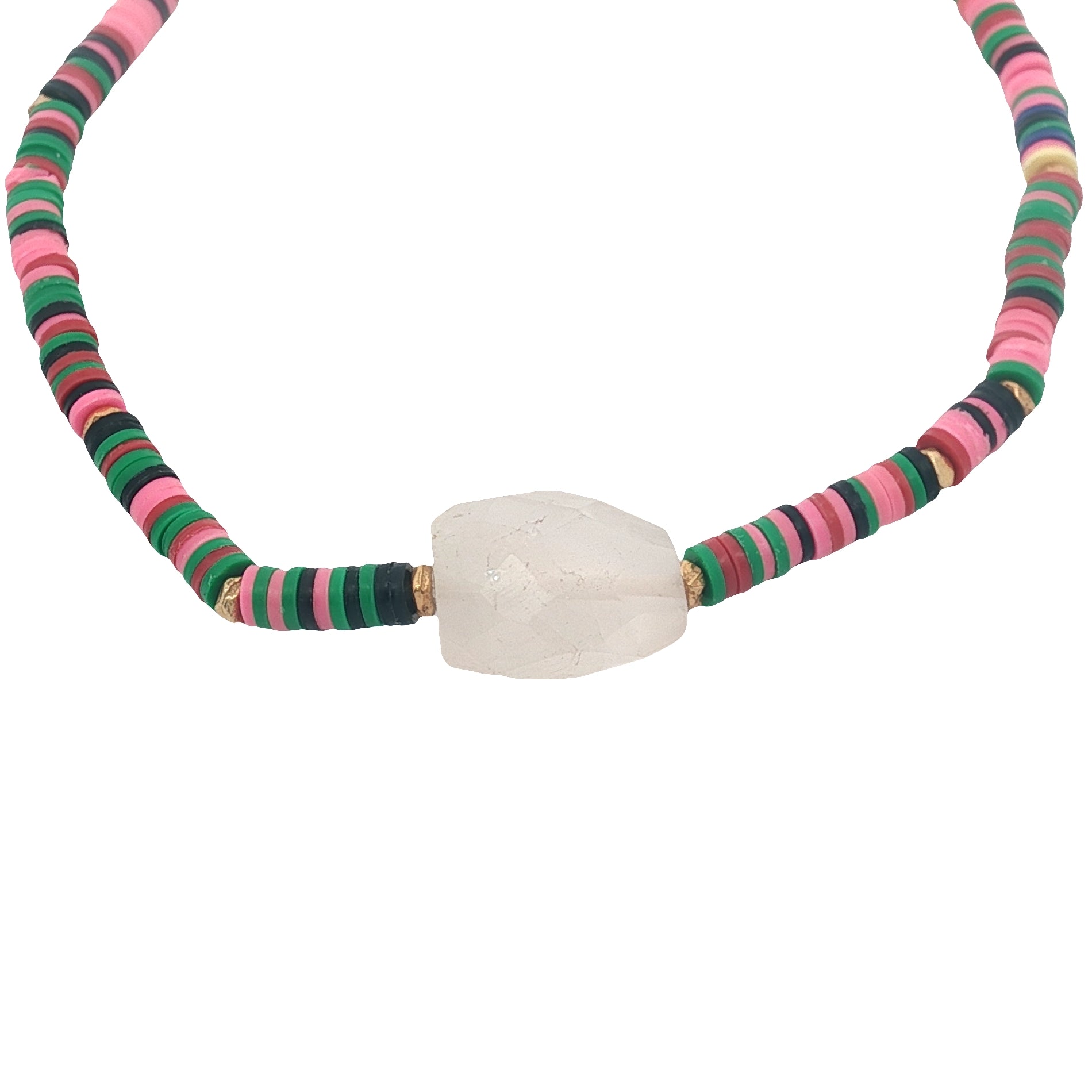 Bracelet doré disques vinyles colorés et quartz rose