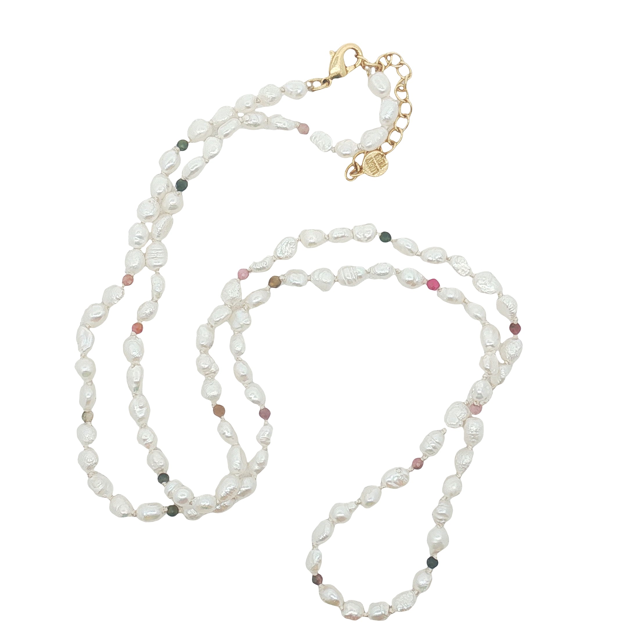 Collier doré perles de culture alternées à de la tourmaline 60 cm