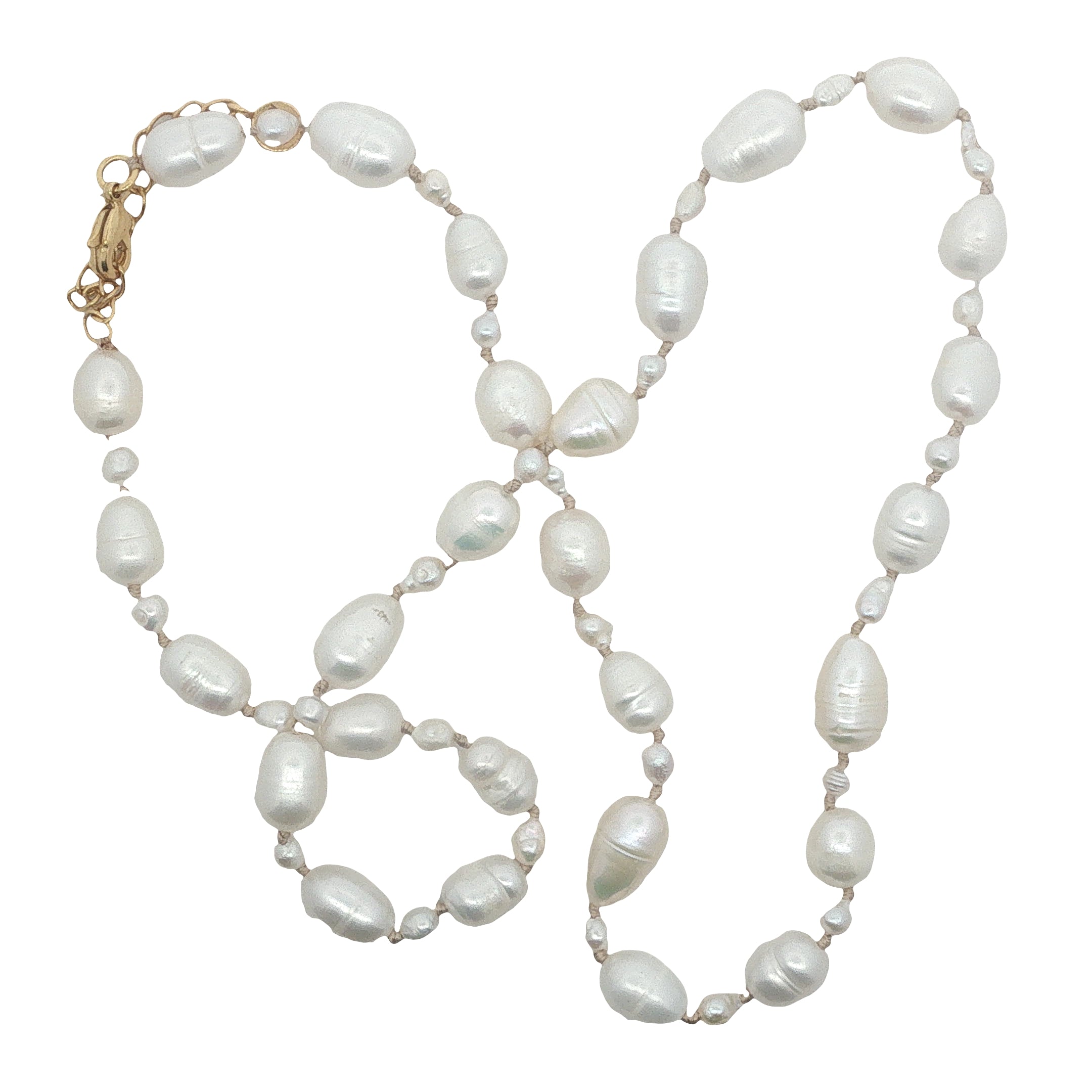 Collier doré alternance petites et grandes perles de culture avec noeuds beige 50 cm