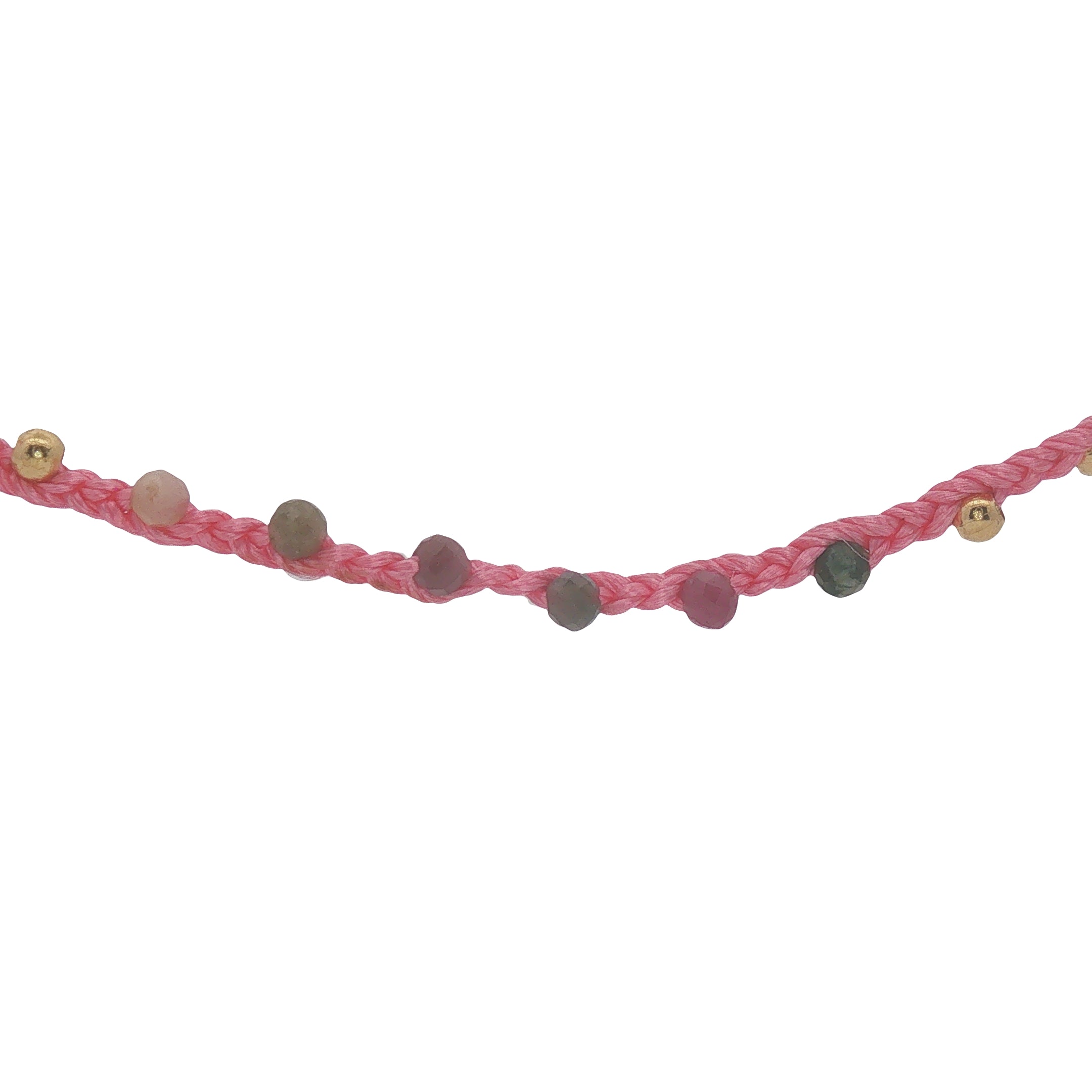 Collier doré cordon rose multi tourmaline et perles dorées 60 cm