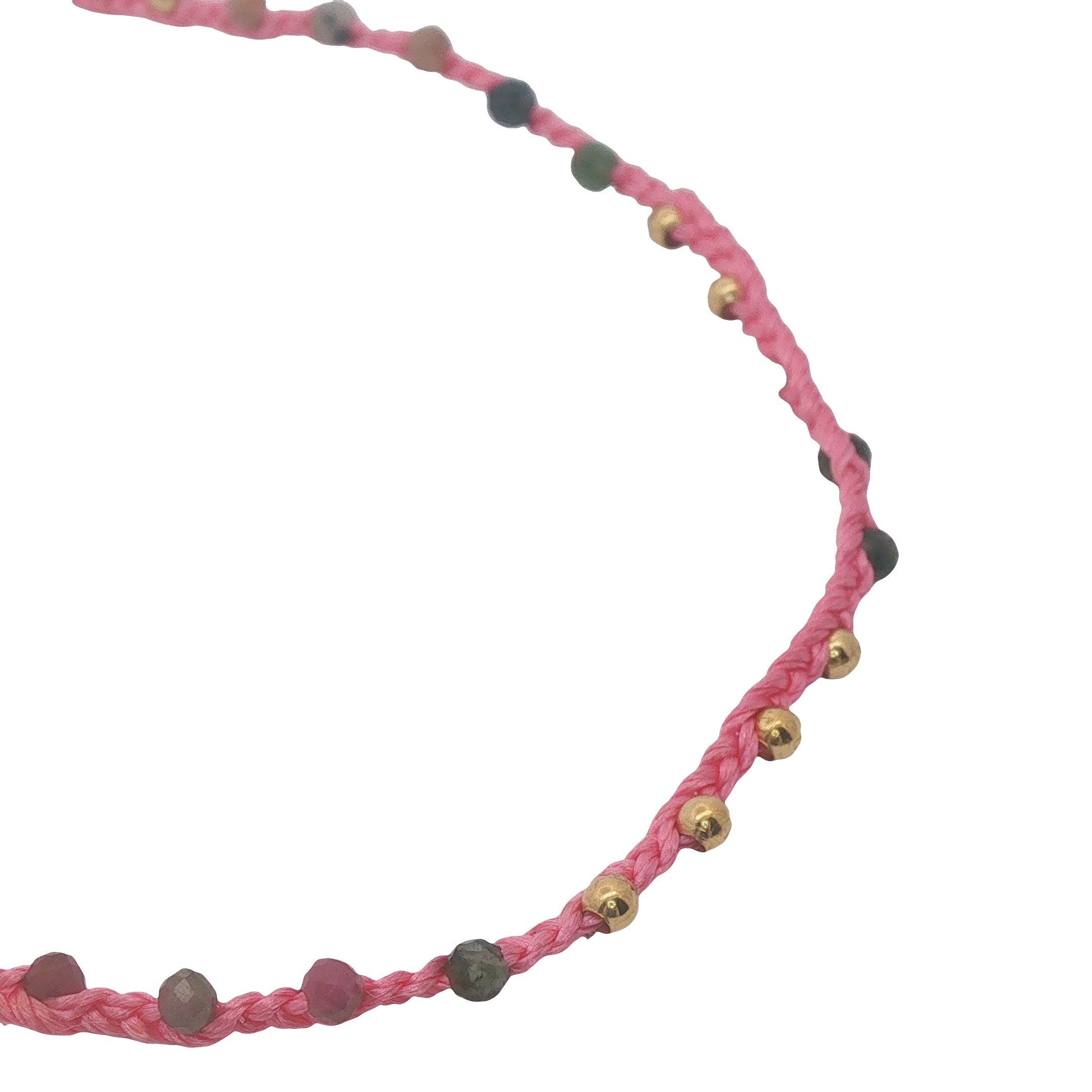 Collier doré cordon rose multi tourmaline et perles dorées 60 cm