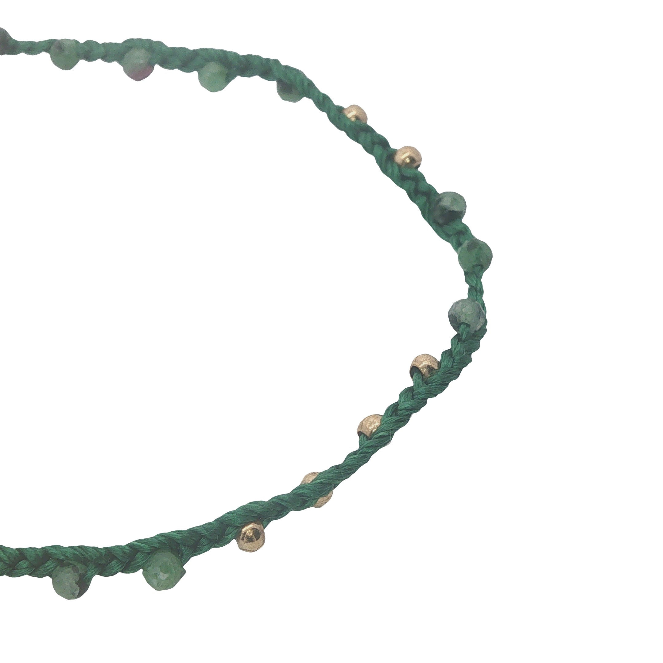 Collier doré cordon vert rubis zoisite et perles dorées 60 cm
