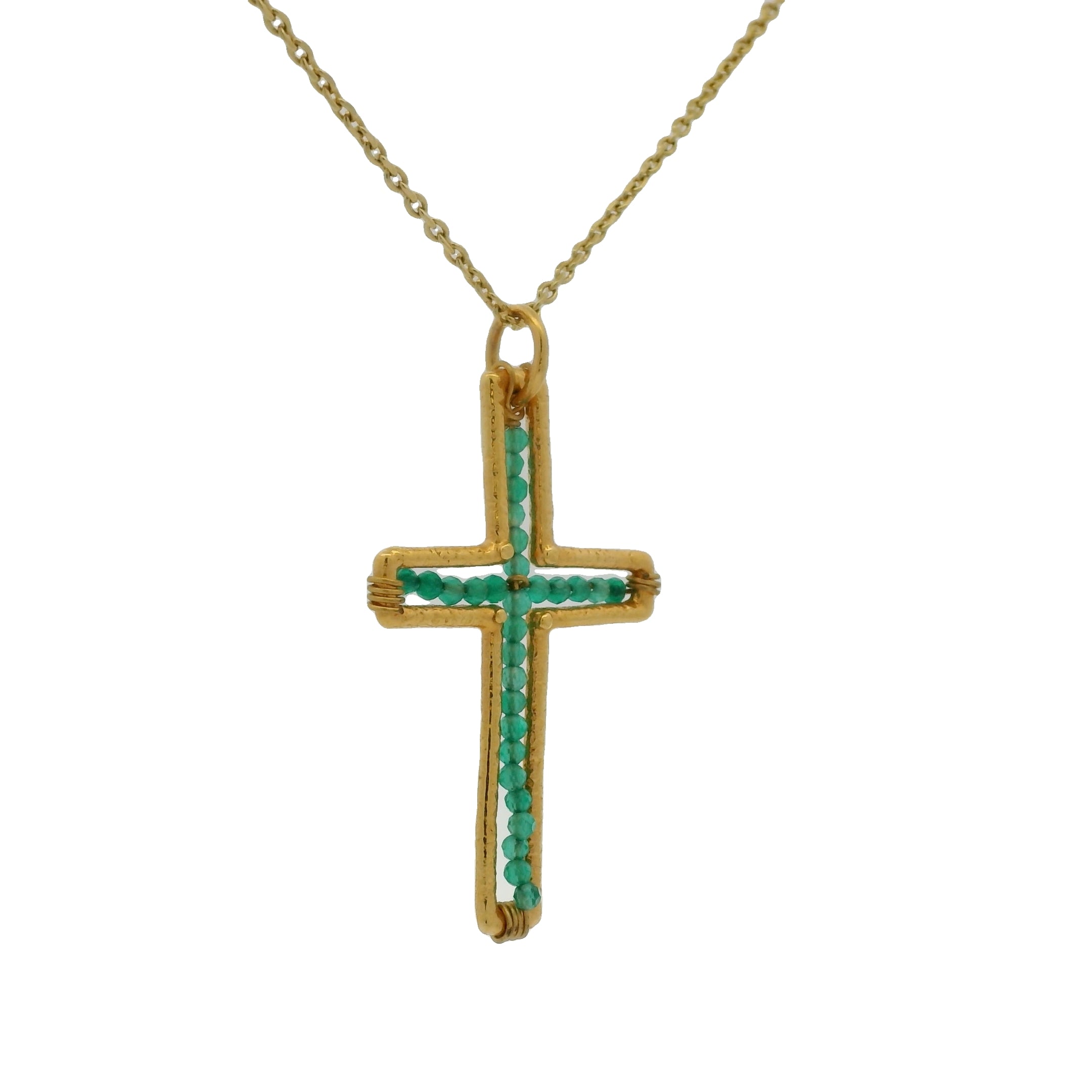 Collier doré croix martelée avec enfilade d'onyx verte 42 cm