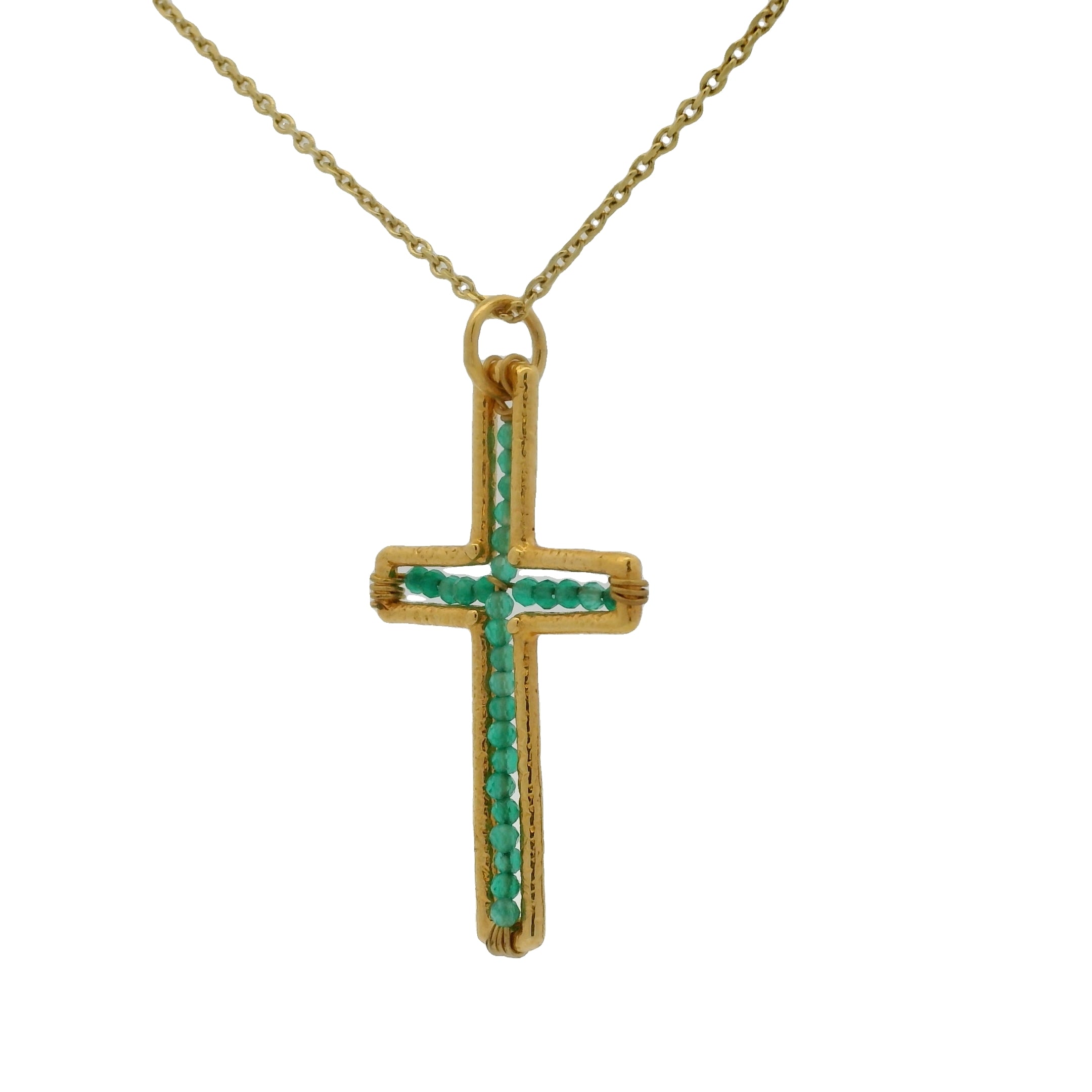 Collier doré croix martelée avec enfilade d'onyx verte 42 cm