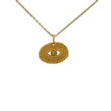 Gold necklace with hammered eye and stone pendant