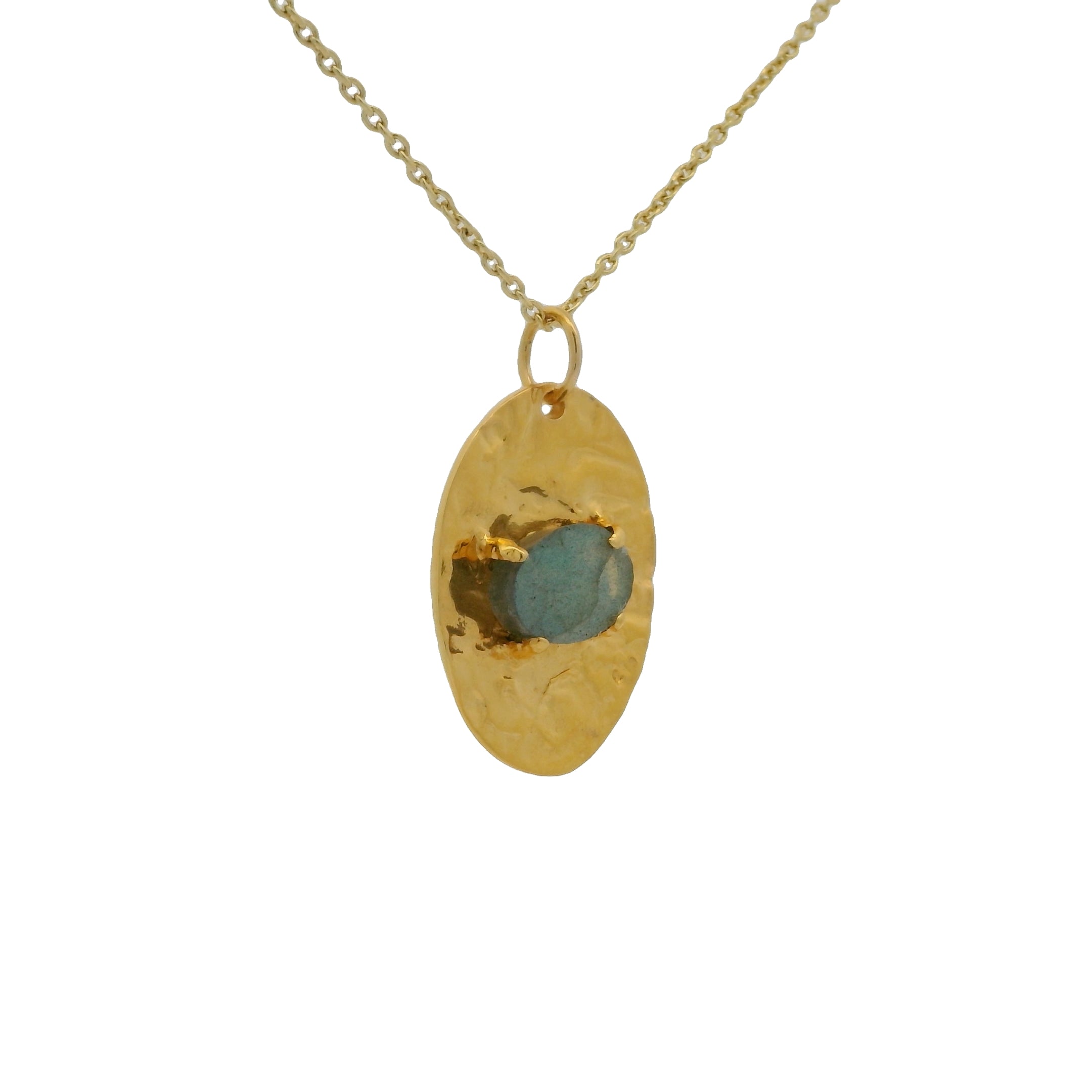 Gold necklace with hammered pendant and flat stone