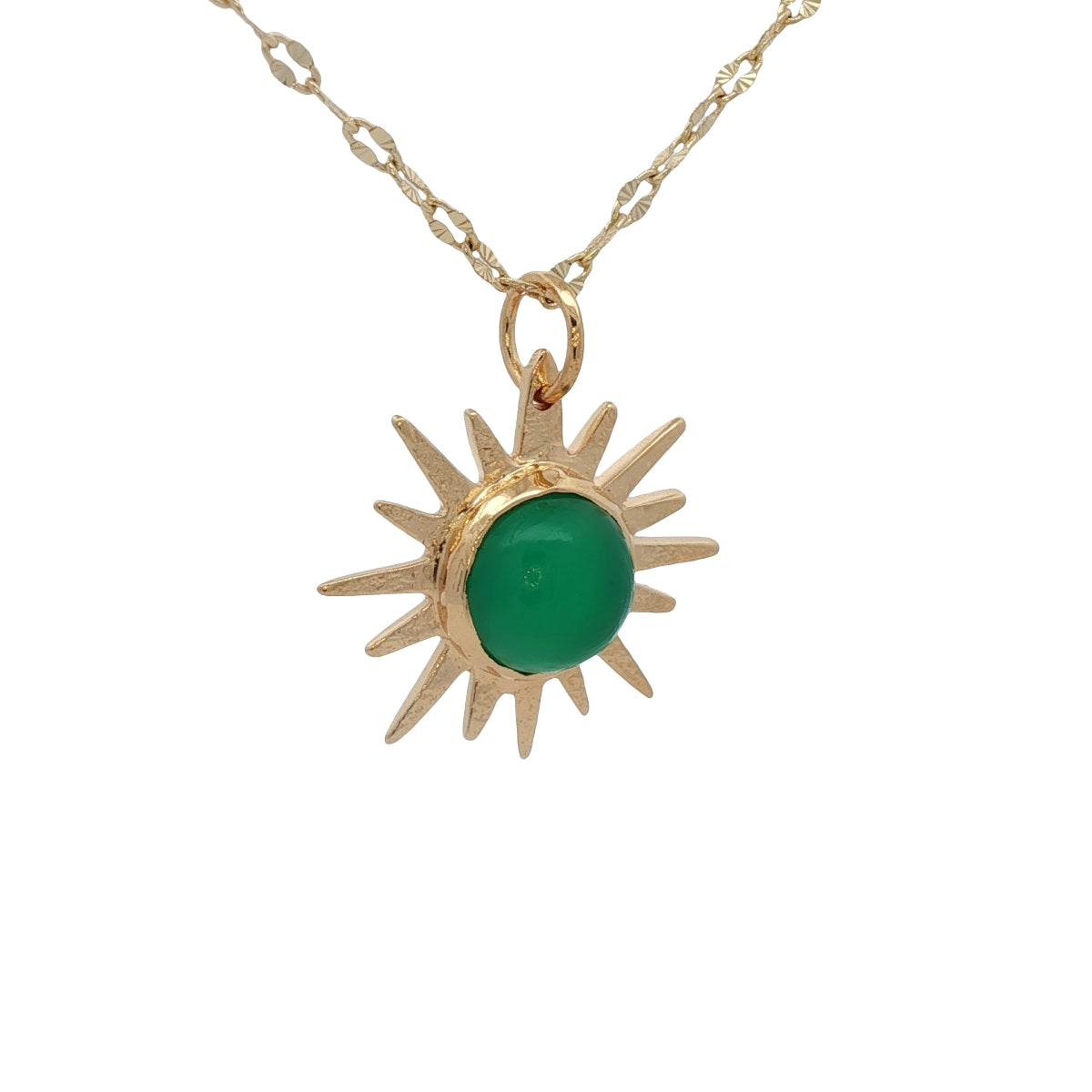 Collier doré soleil onyx verte cabochon 42 cm