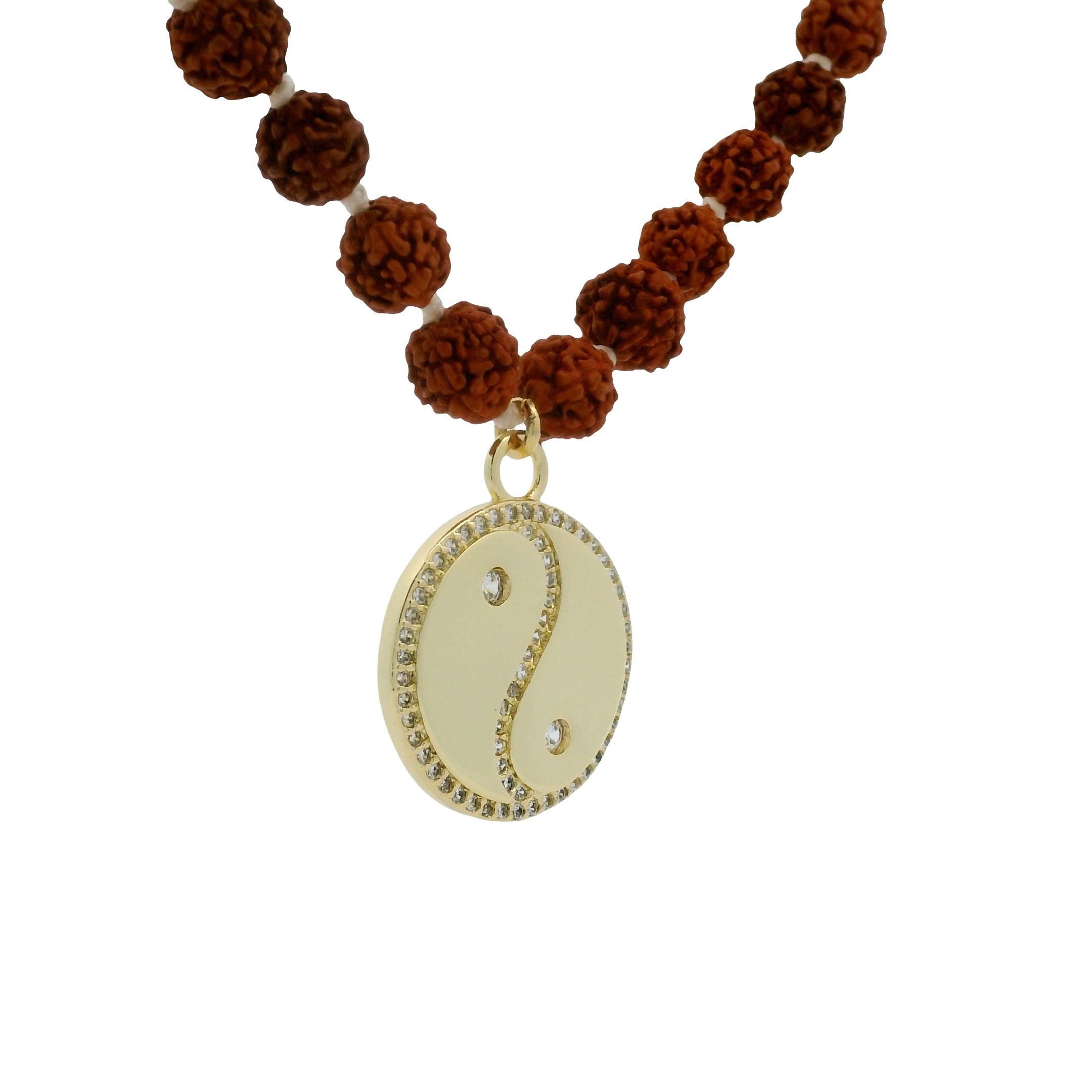 Collier rudraksha médaille yin & yang doré avec zircons 84 cm