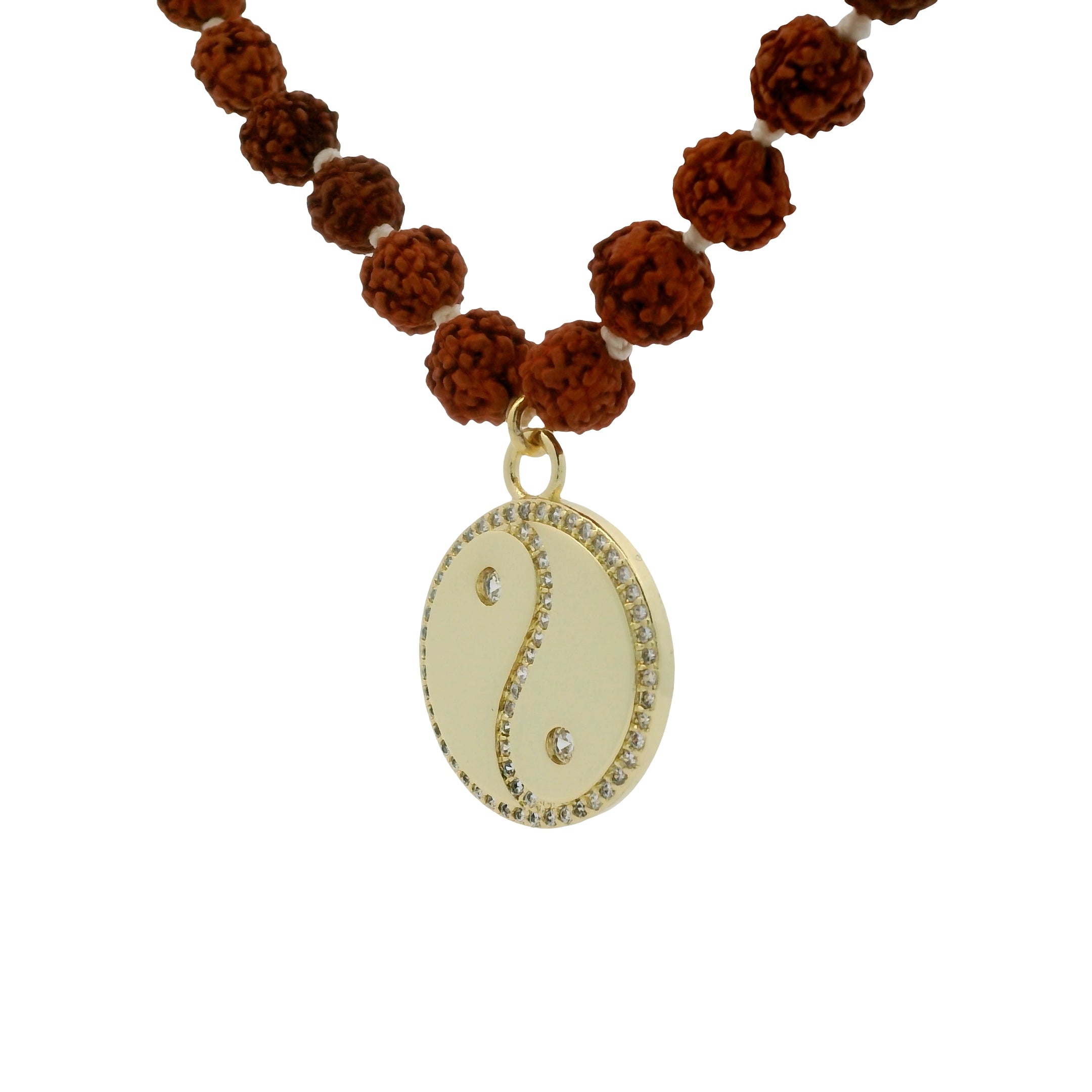 Collier rudraksha médaille yin & yang doré avec zircons 84 cm