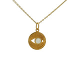 Collier doré médaille ronde striée oeil et prehnite 42 cm
