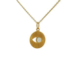 Collier doré médaille ronde striée oeil et prehnite 42 cm