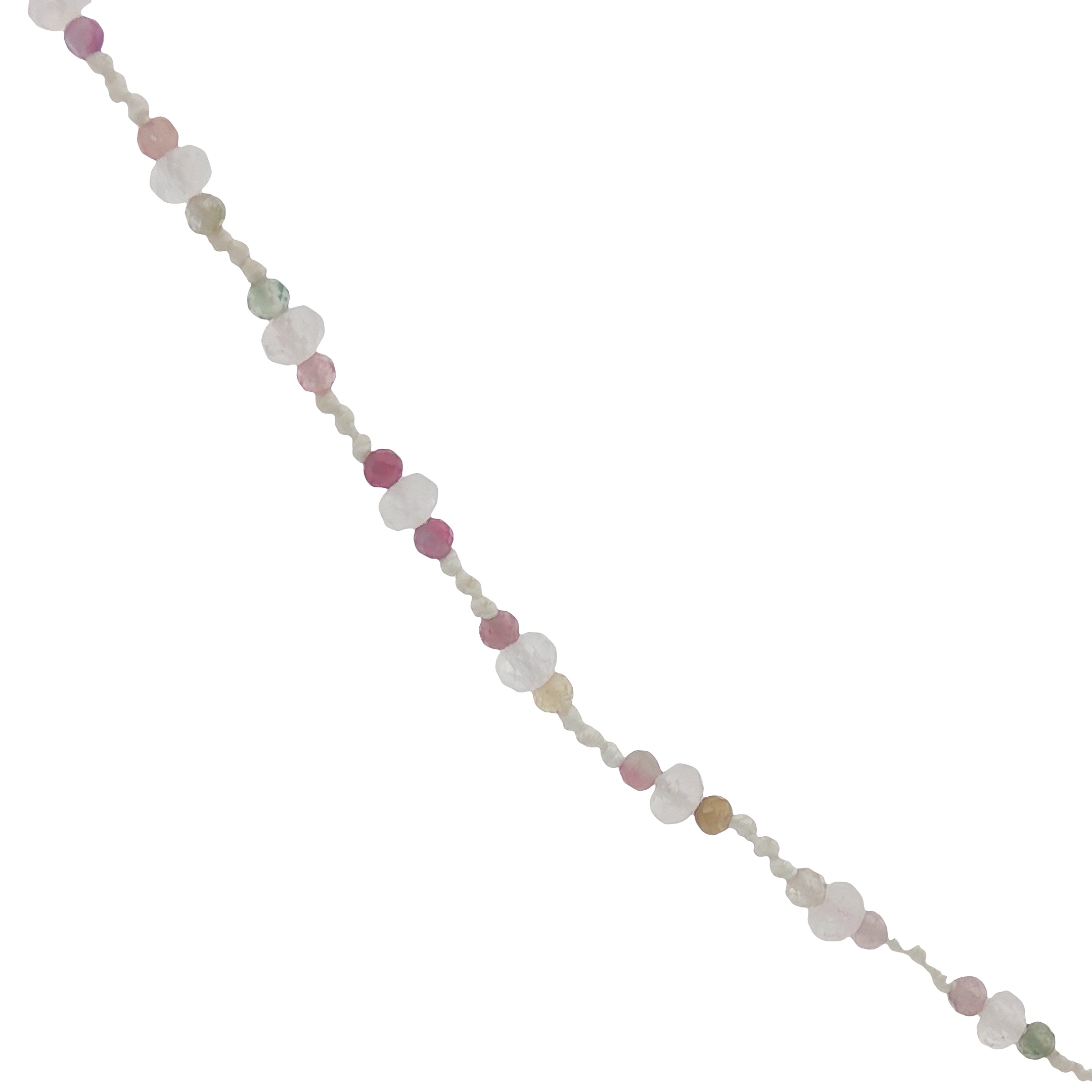 Collier doré avec tourmaline, quartz rose et noeuds blancs 60 cm