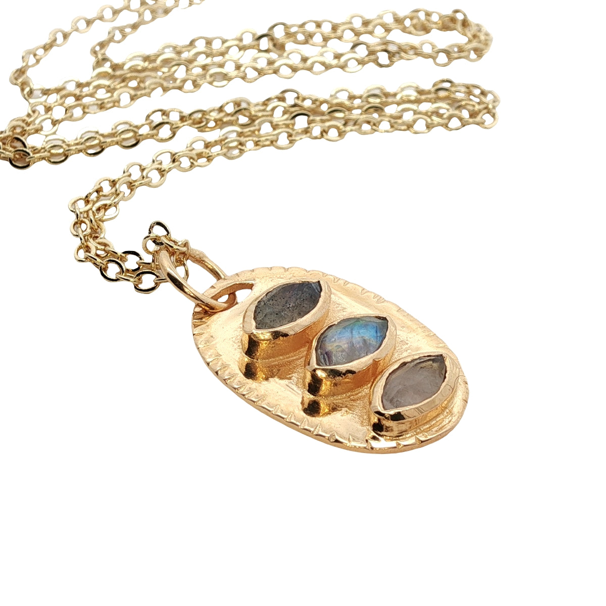 Collier doré pendentif trilogie de labradorite 50 cm