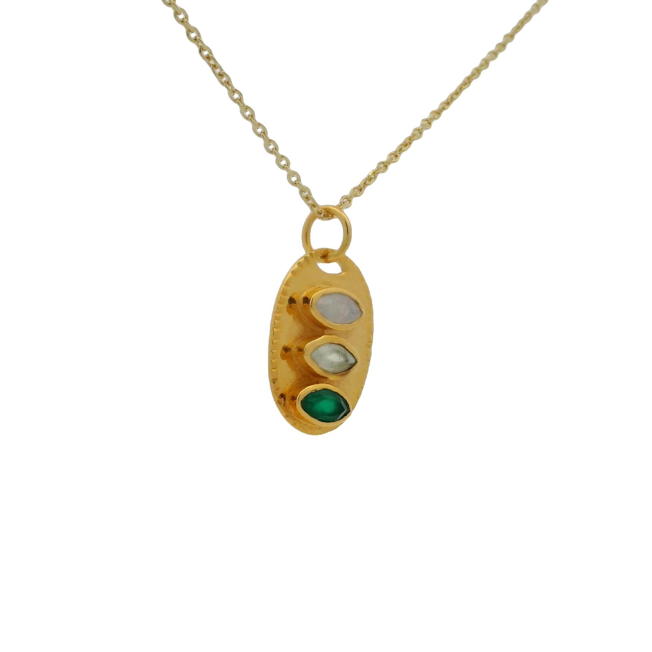Collier doré trilogie en pierre de lune onyx verte et prehnite 42 cm
