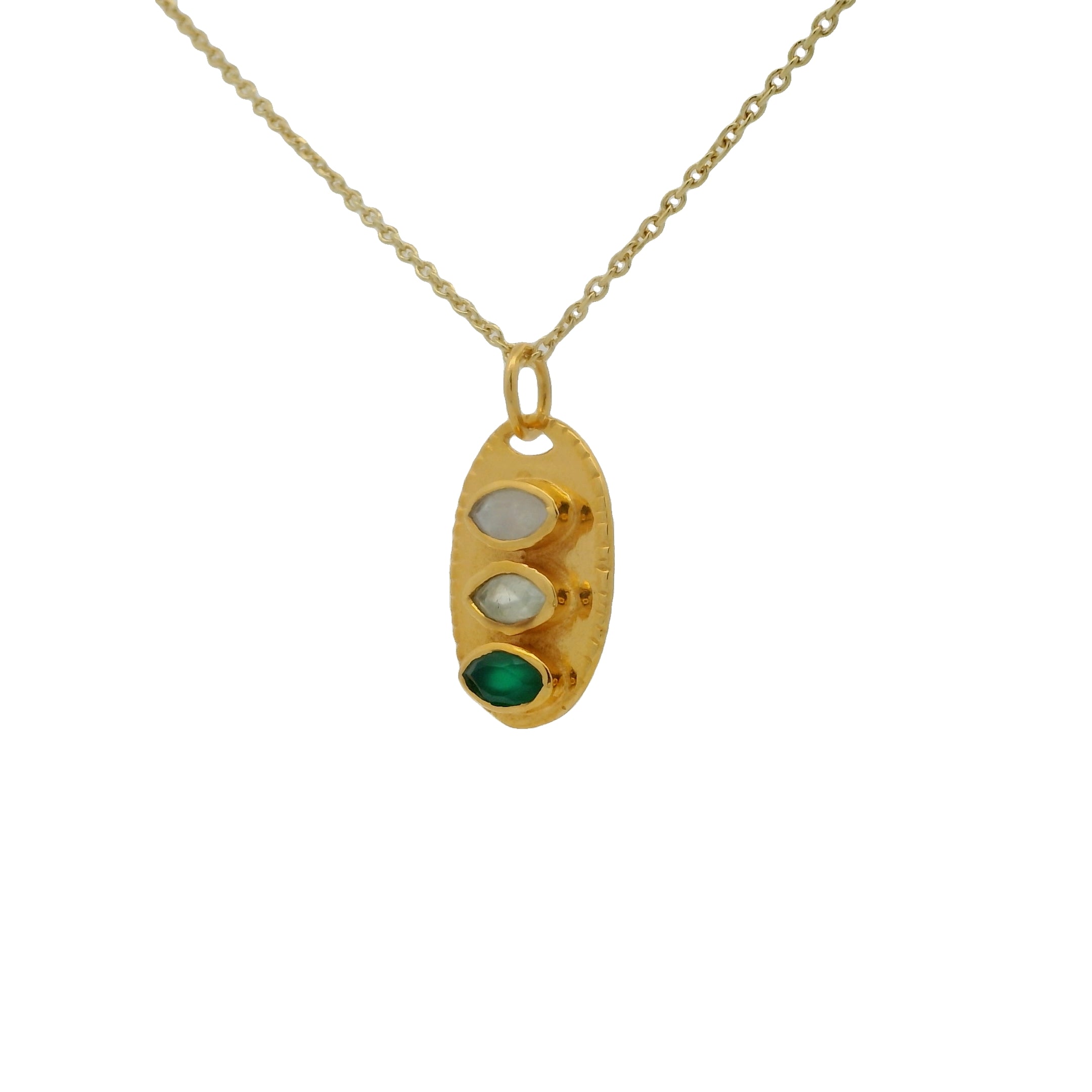 Collier doré trilogie en pierre de lune onyx verte et prehnite 42 cm