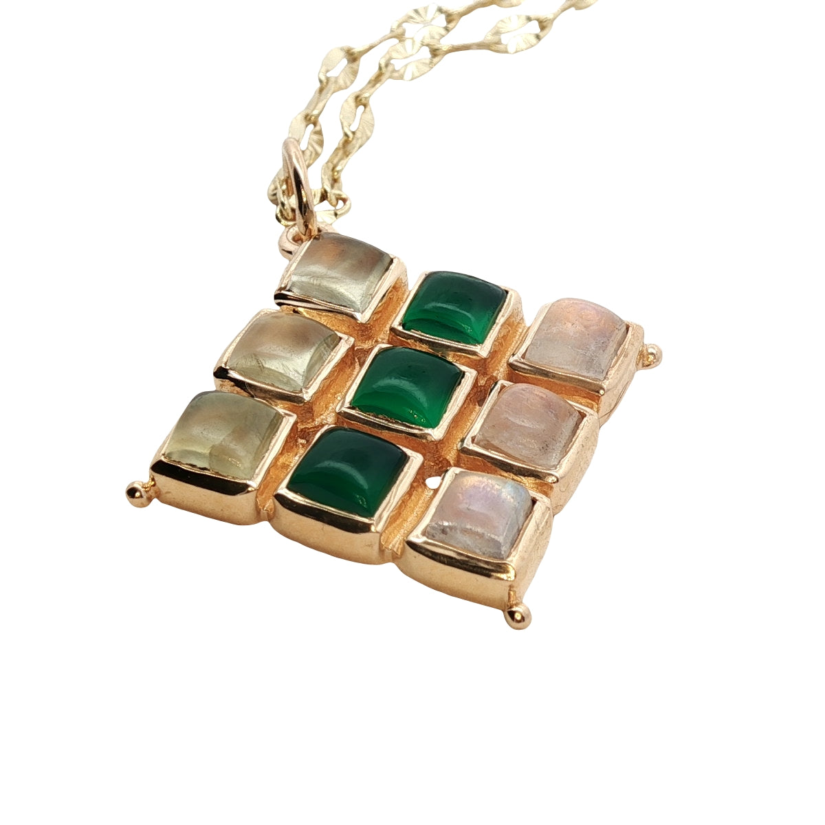 Sautoir doré Losange prehnite, onyx verte et pierre de lune 75 cm