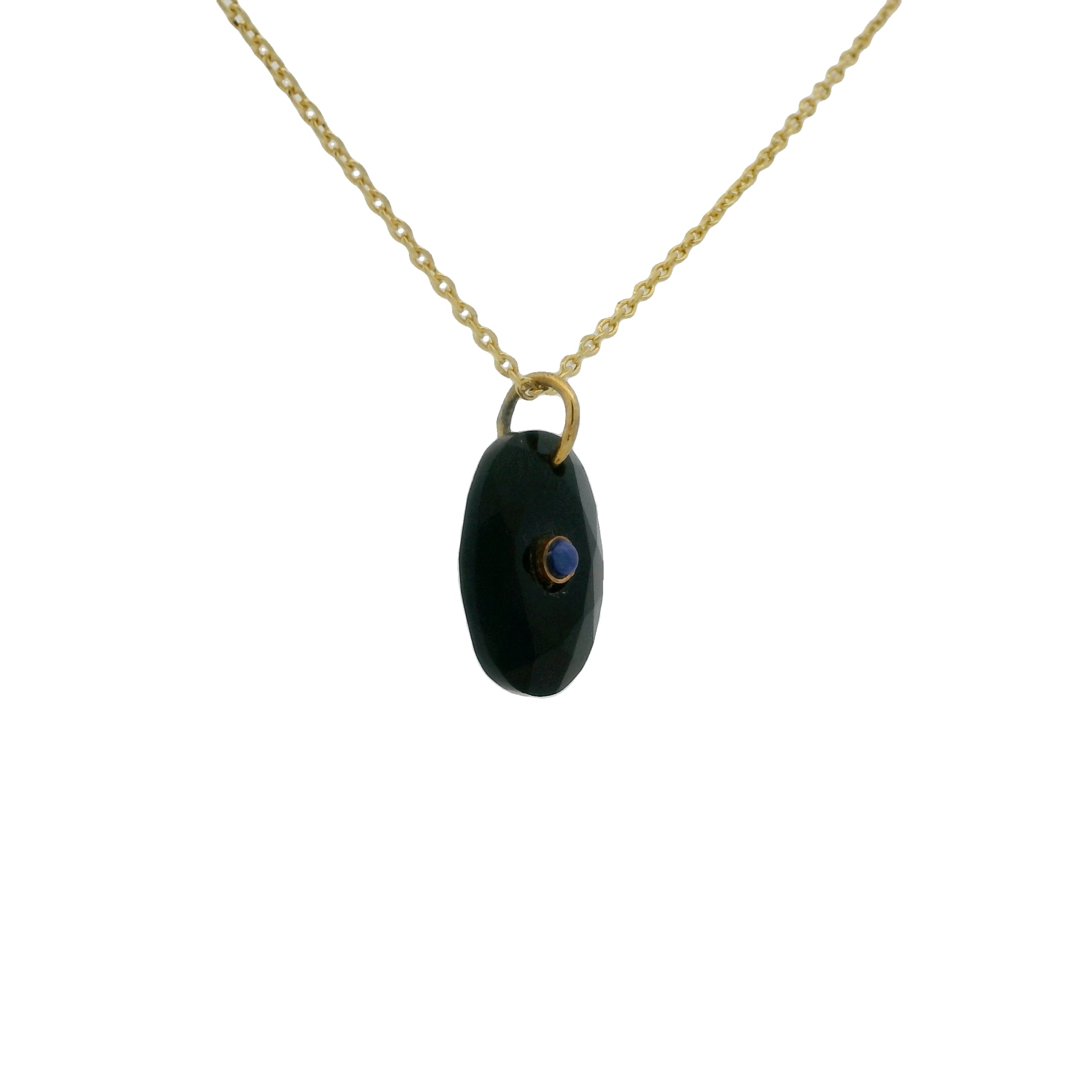 Collier doré onyx noire ovale facettée avec Lapis lazulis 42 cm