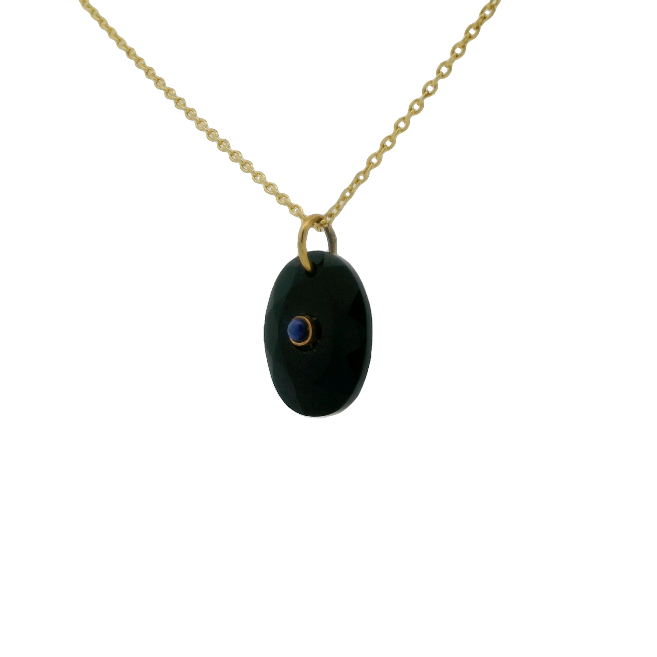 Collier doré onyx noire ovale facettée avec Lapis lazulis 42 cm