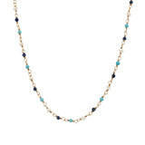 Collier doré rosary en lapis lazulis, turquoise et perle de culture