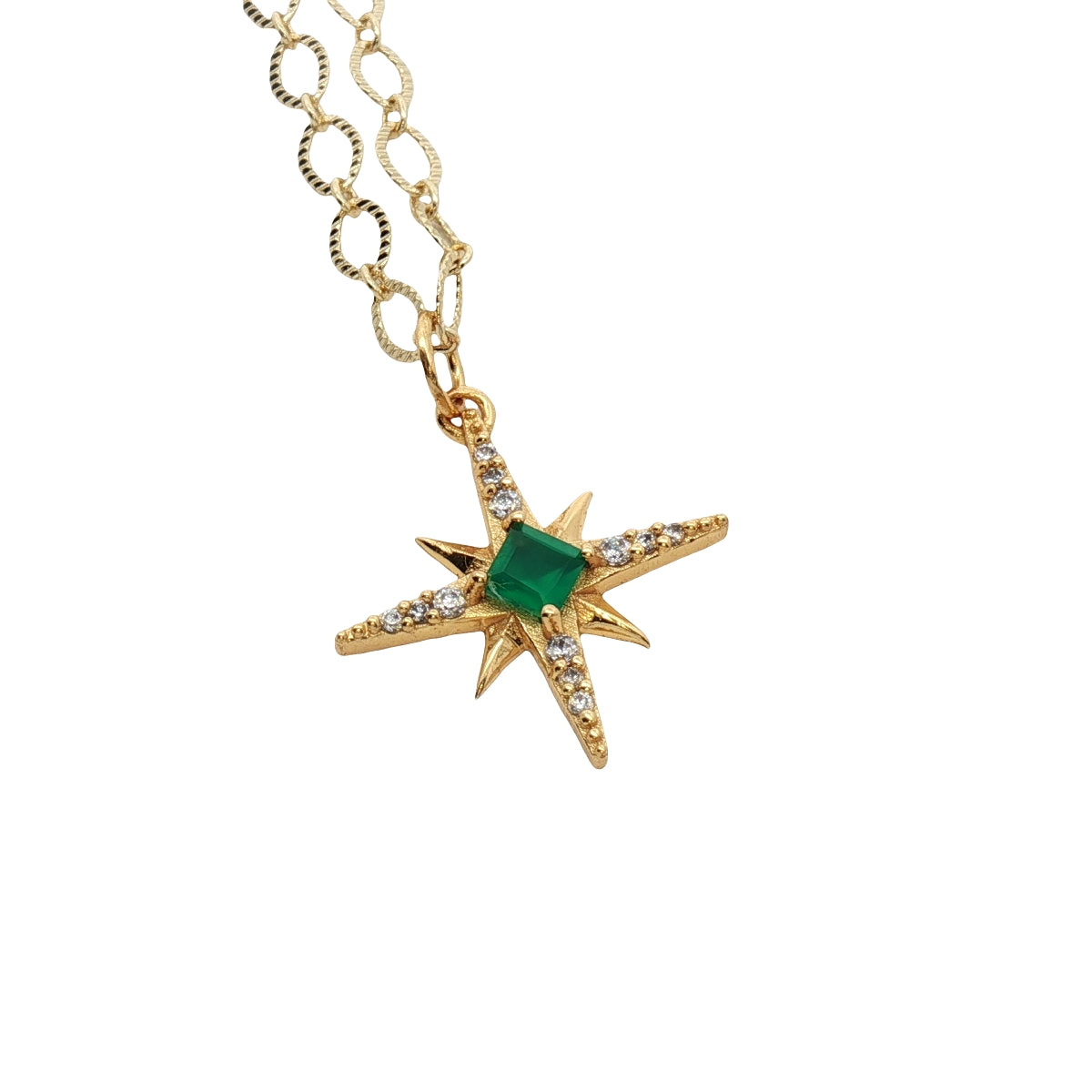 Collier doré étoile des vents onyx verte et zircons 42 cm