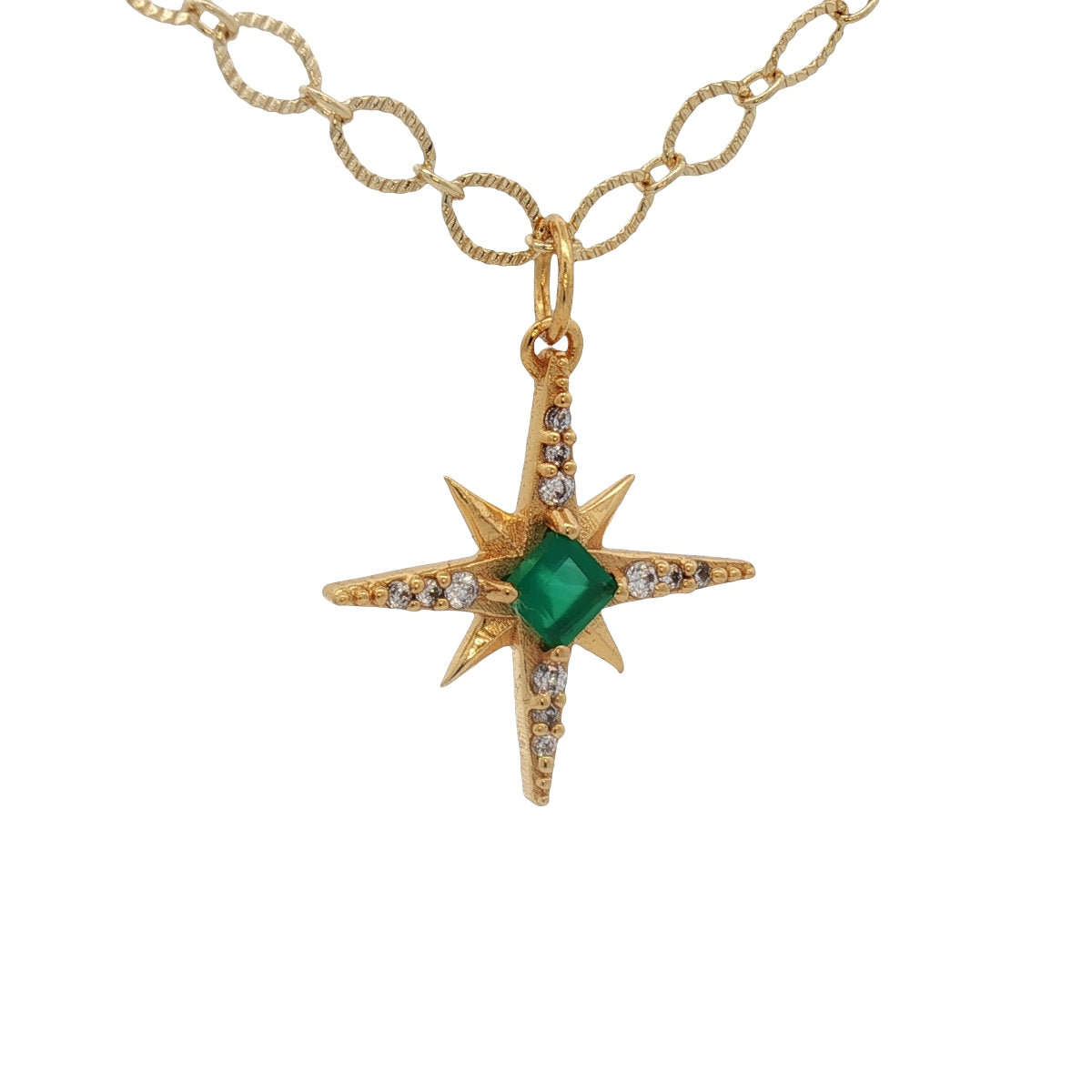 Collier doré étoile des vents onyx verte et zircons 42 cm