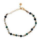Bracelet doré mix perles fantaisie vertes, noires, blanches avec couronnes dorées