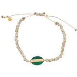 Bracelet cordon doré onyx verte ovale avec barre dorée