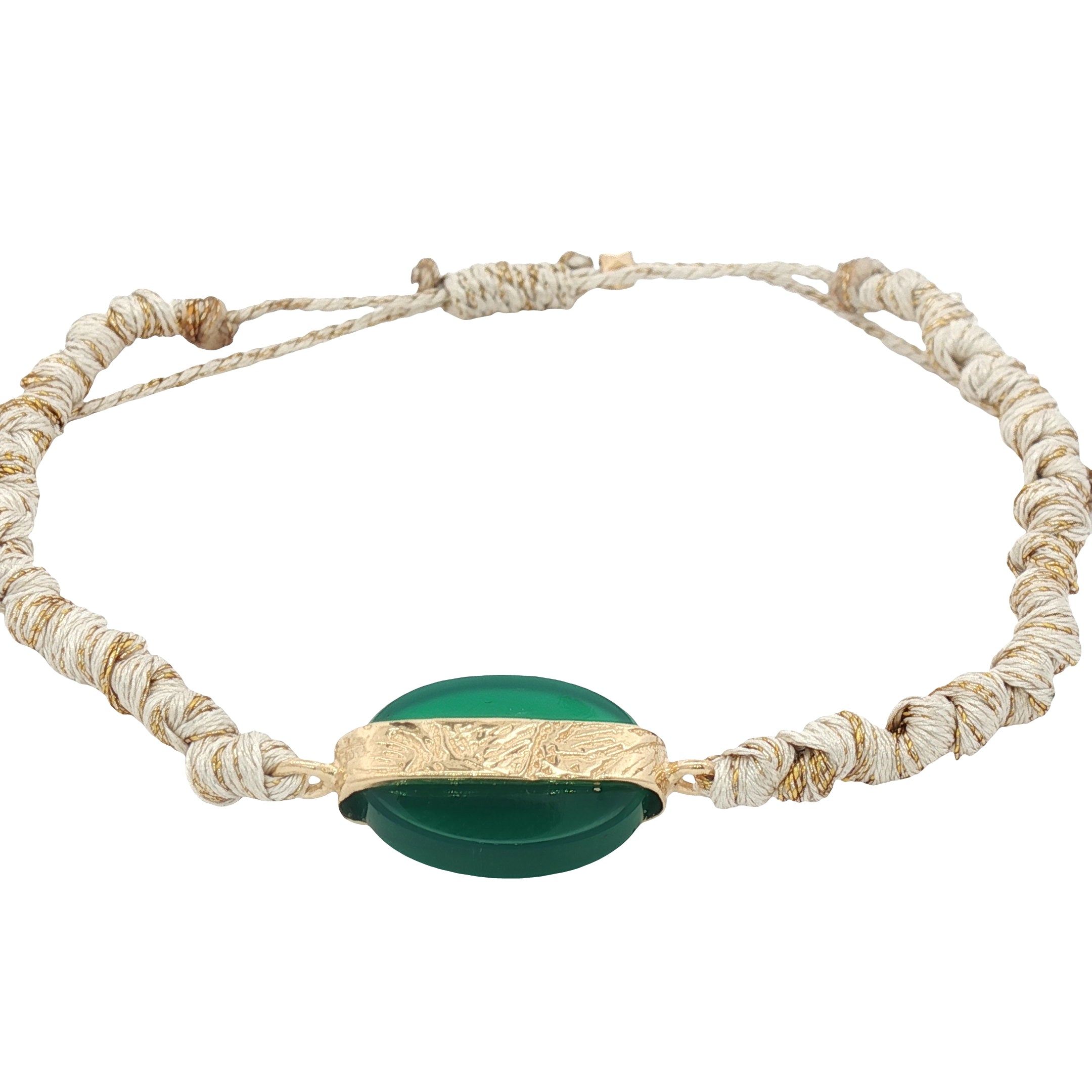 Bracelet cordon doré onyx verte ovale avec barre dorée