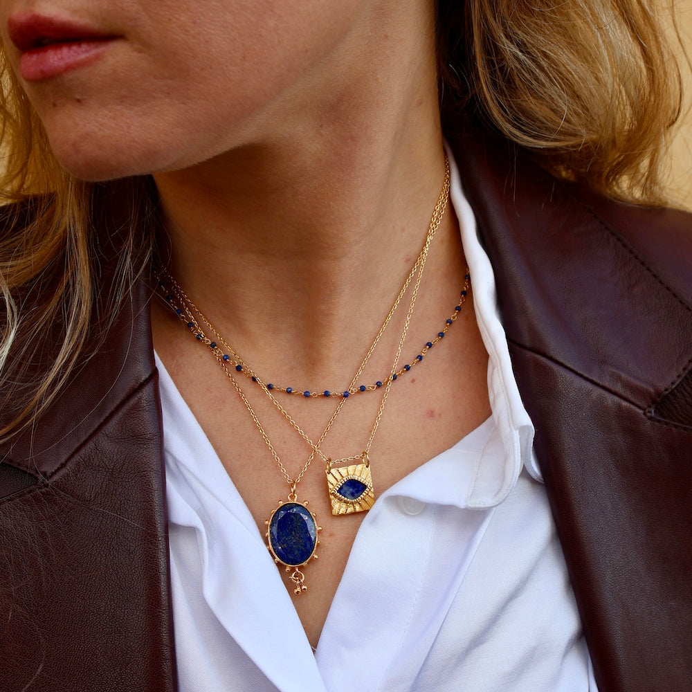 Collier doré lapis ovale et pampilles 42 cm