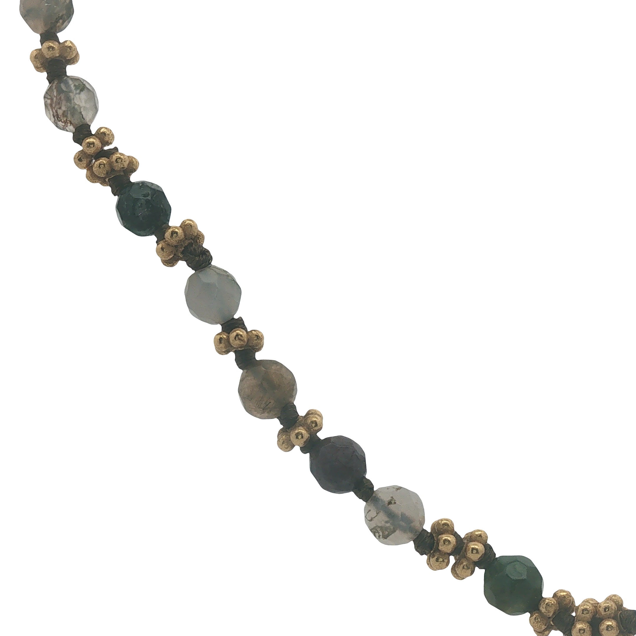 Collier doré perles grises, couronnes dorées et noeuds gris 42 cm