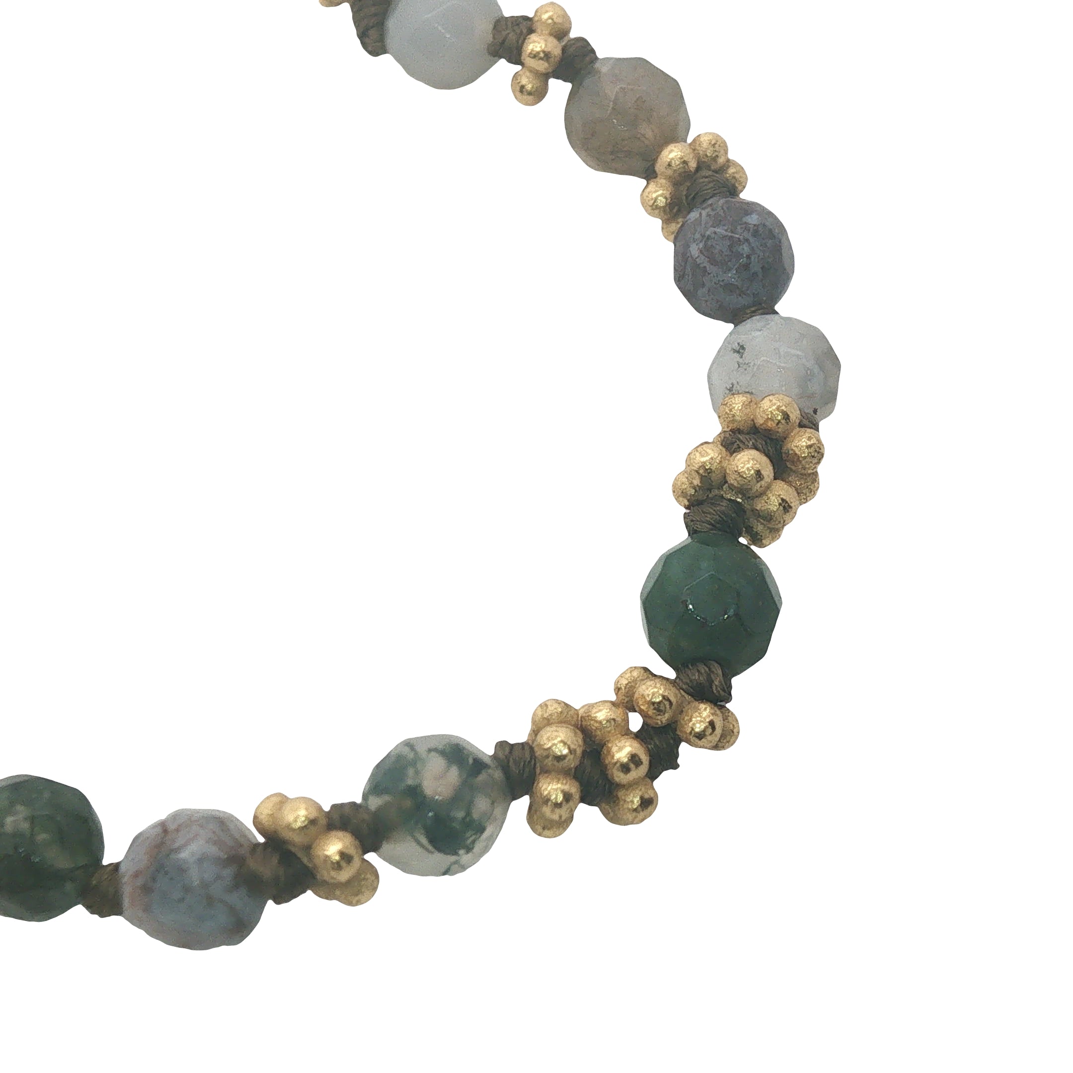 Collier doré perles grises, couronnes dorées et noeuds gris 42 cm
