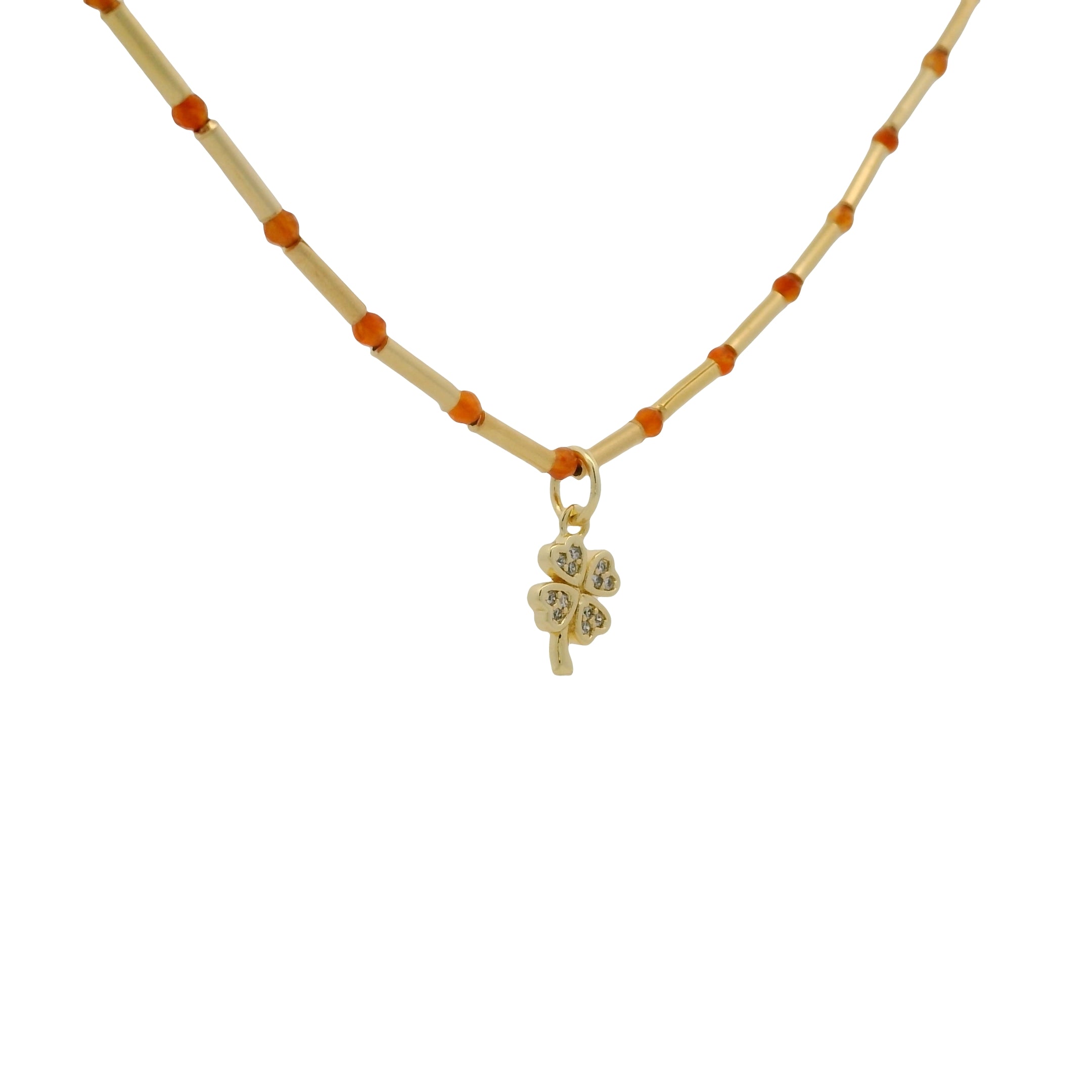 Collier doré tubes avec onyx rouge et trèfle zircons blancs 40cm