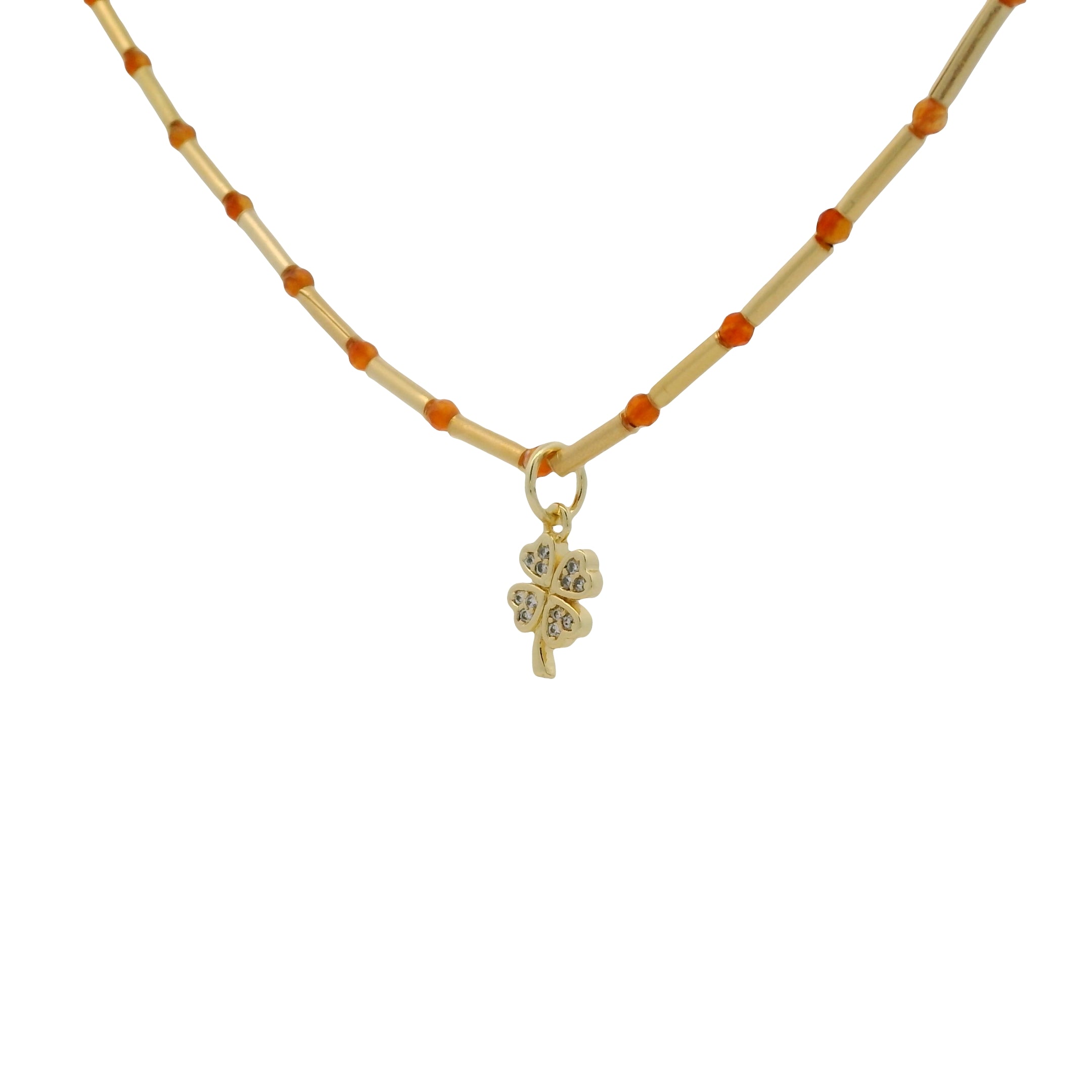 Collier doré tubes avec onyx rouge et trèfle zircons blancs 40cm