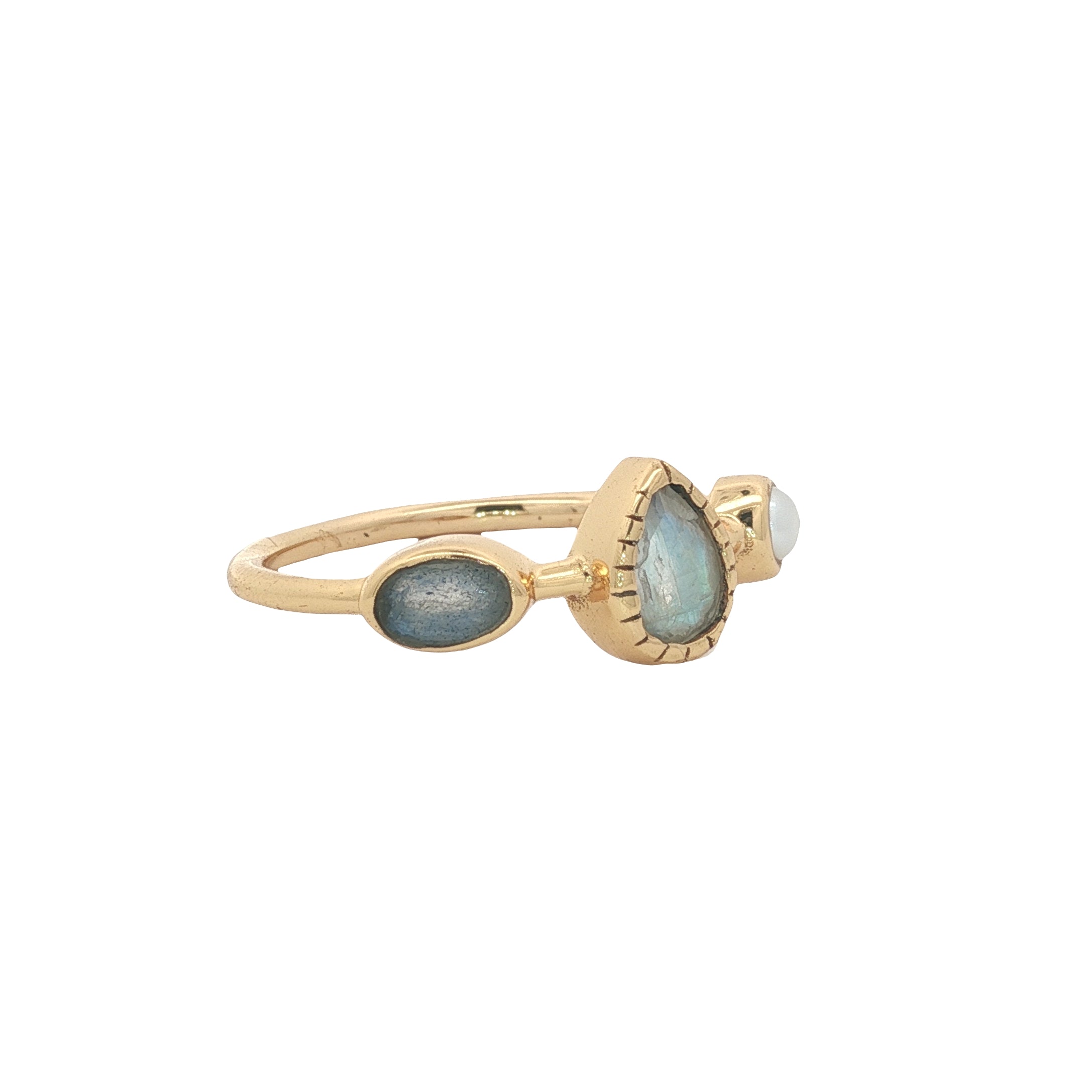 Bague Gipsy dorée labradorite, pierre de lune et perle de culture