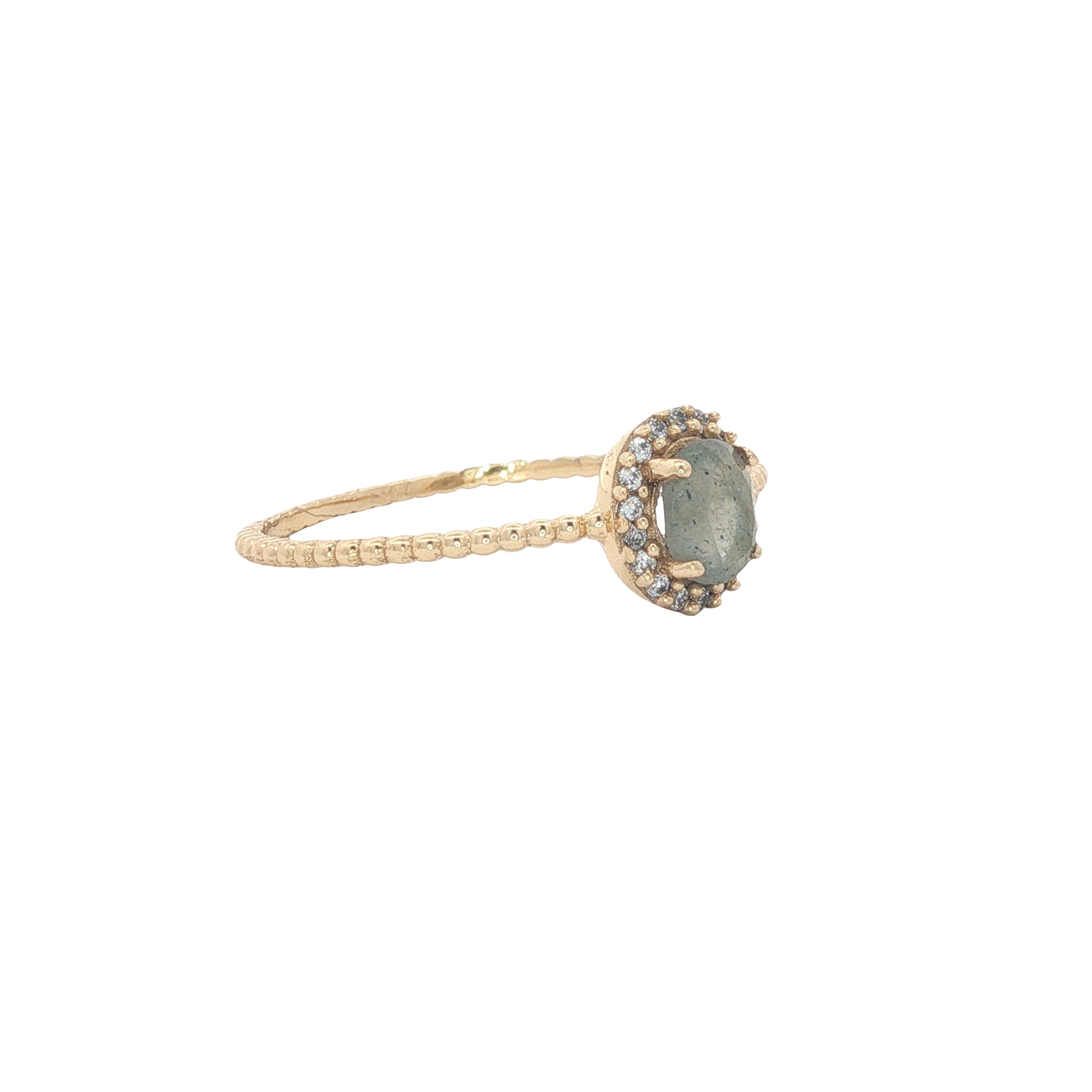 Bague dorée solitaire labradorite et zircons