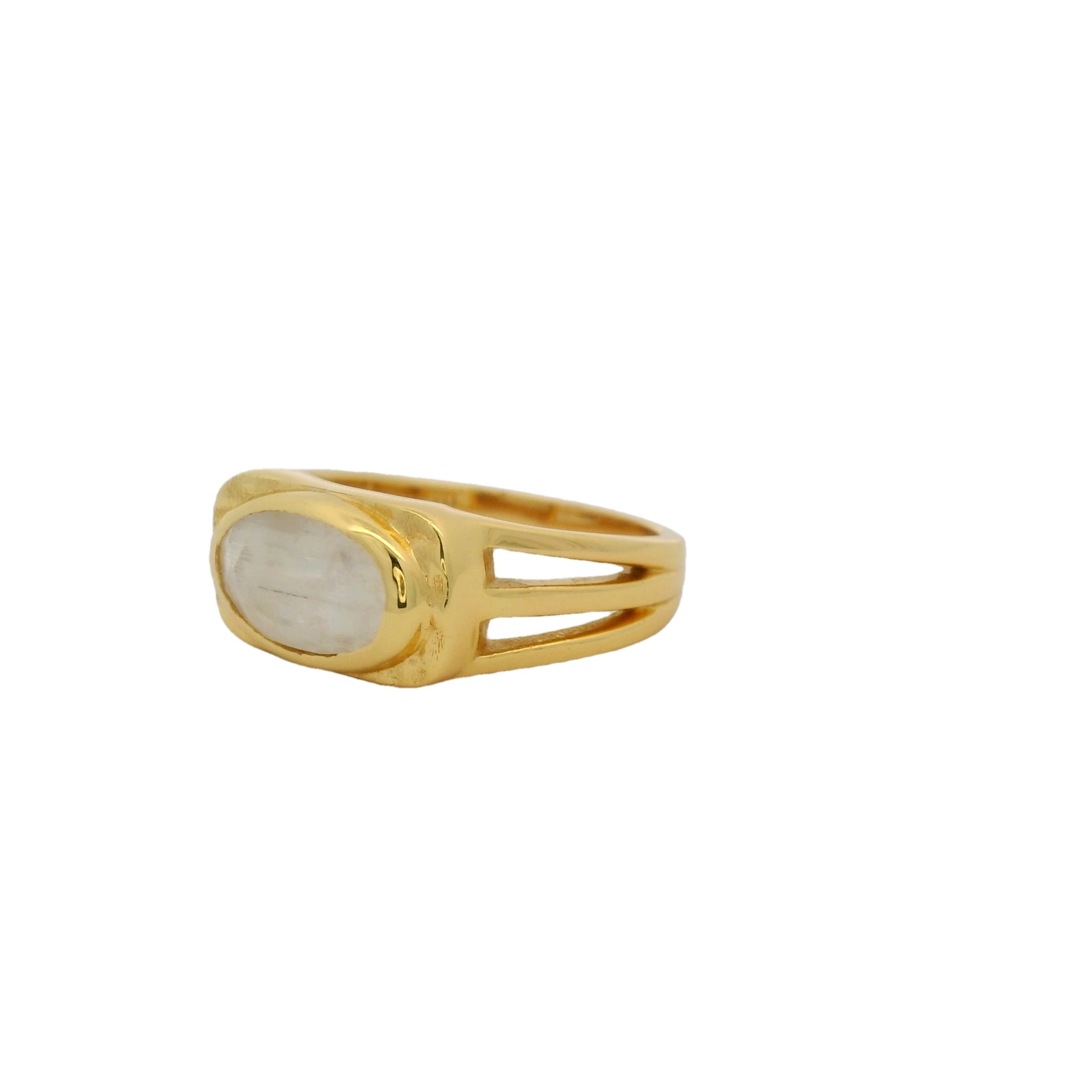 Bague chevalière dorée triple anneau pierre de lune ovale