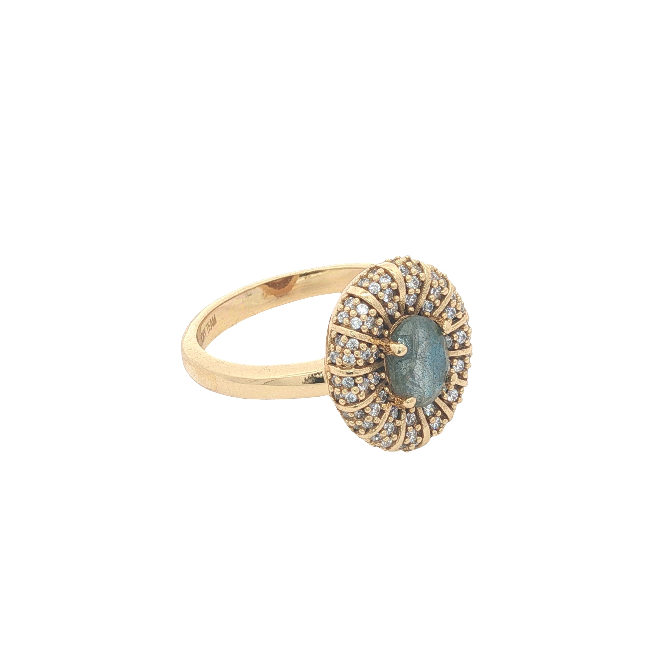 Bague dorée labradorite couronne en zircons