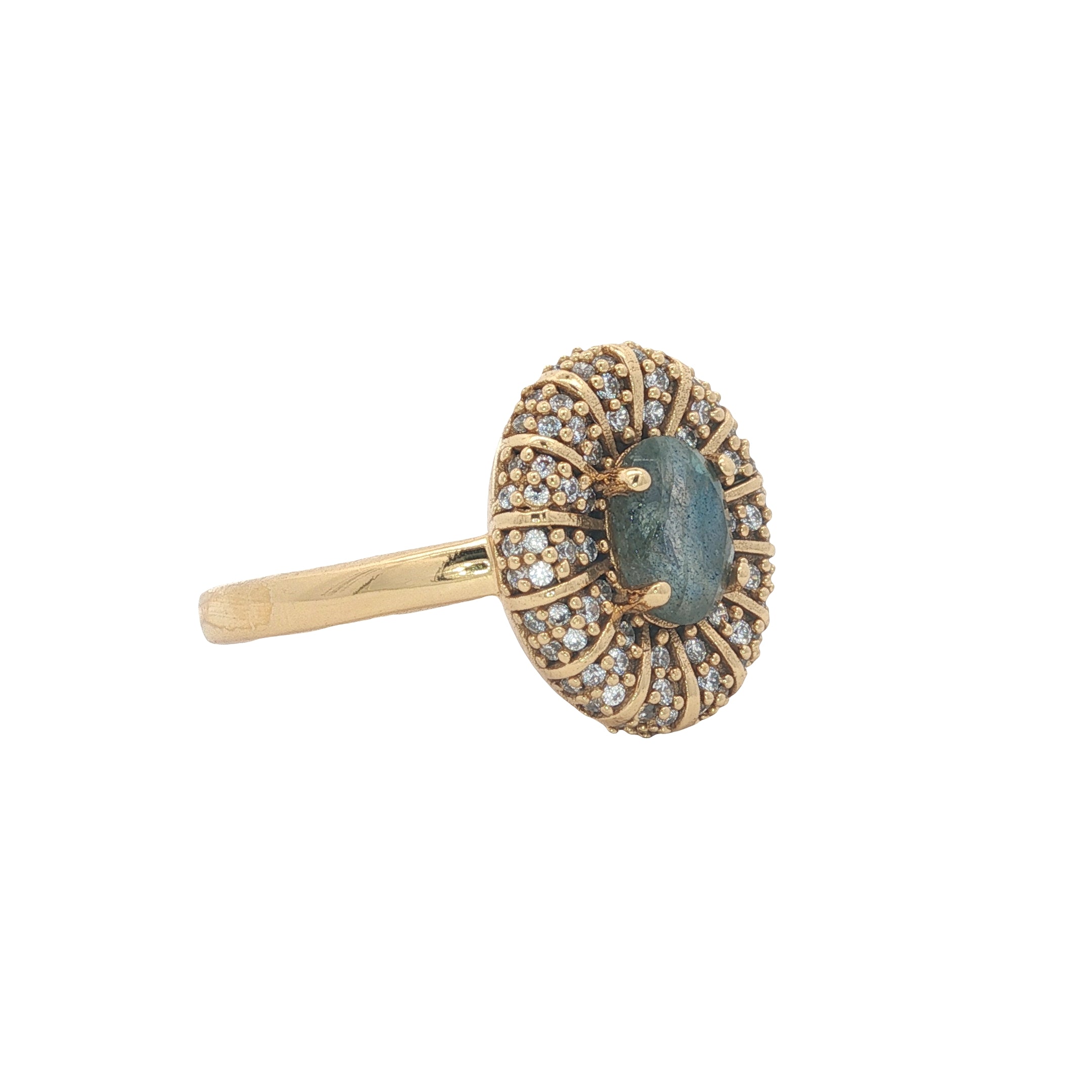 Bague dorée labradorite couronne en zircons