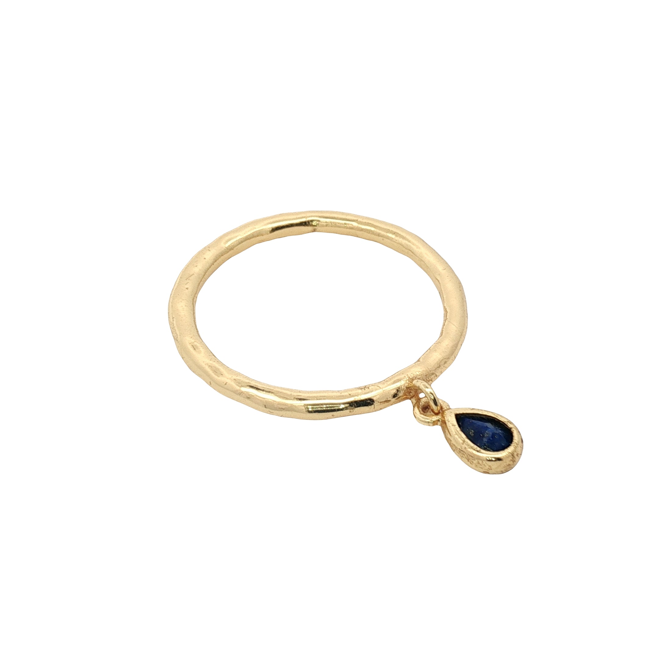 Bague dorée martelée avec goutte en lapis lazulis