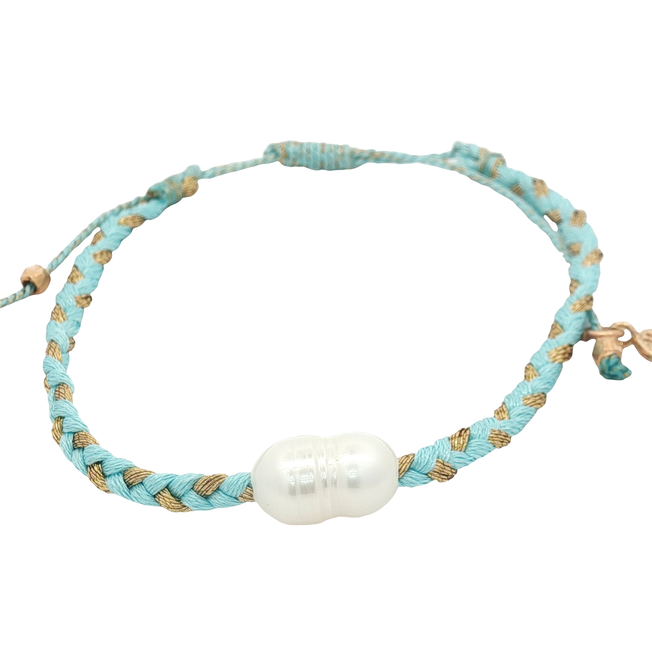 Bracelet cordon turquoise et doré avec perle de culture