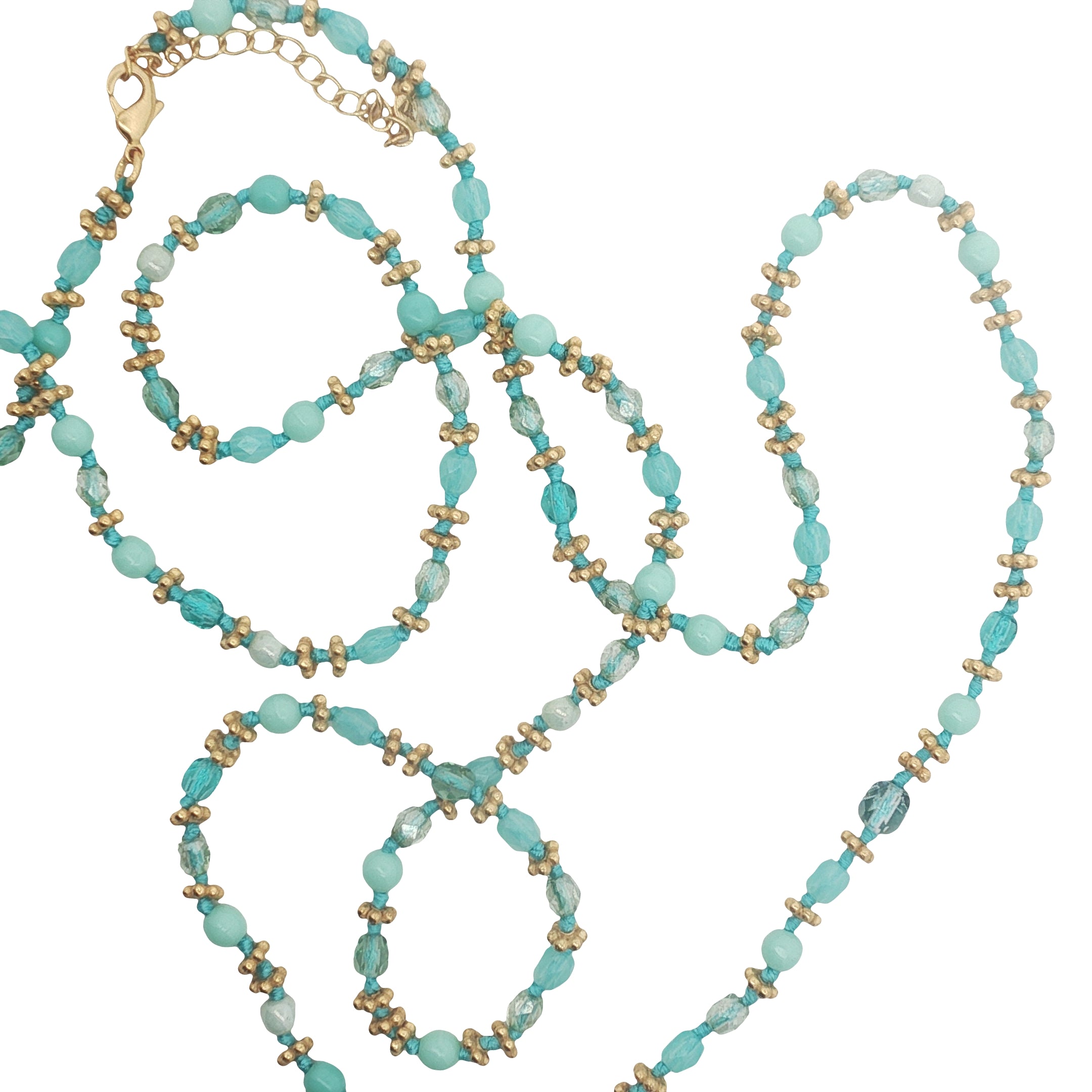 Collier doré perles turquoises et vert d'eau, couronnes dorées et noeuds turquoises 75 cm