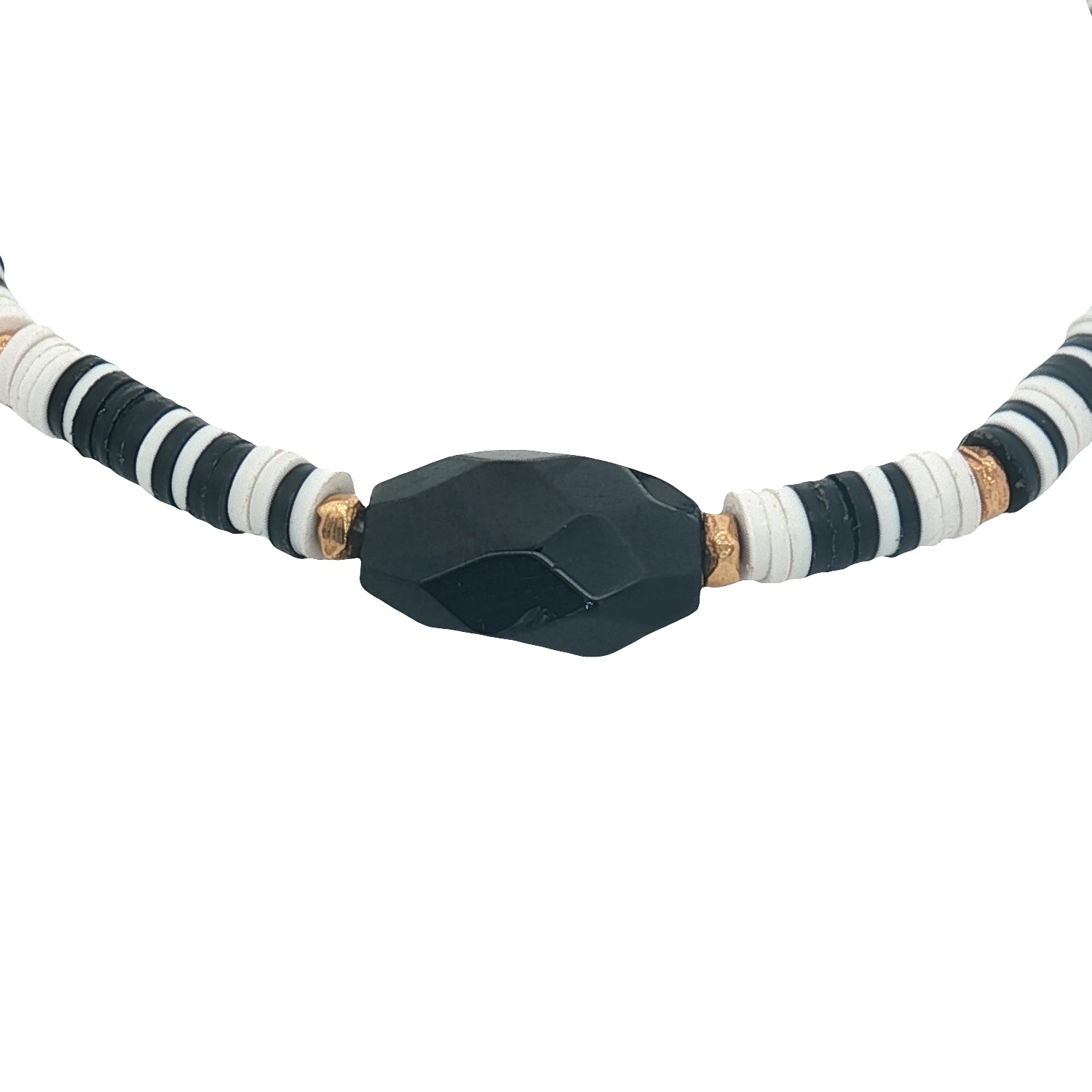 Bracelet doré disques vinyles colorés et onyx noire